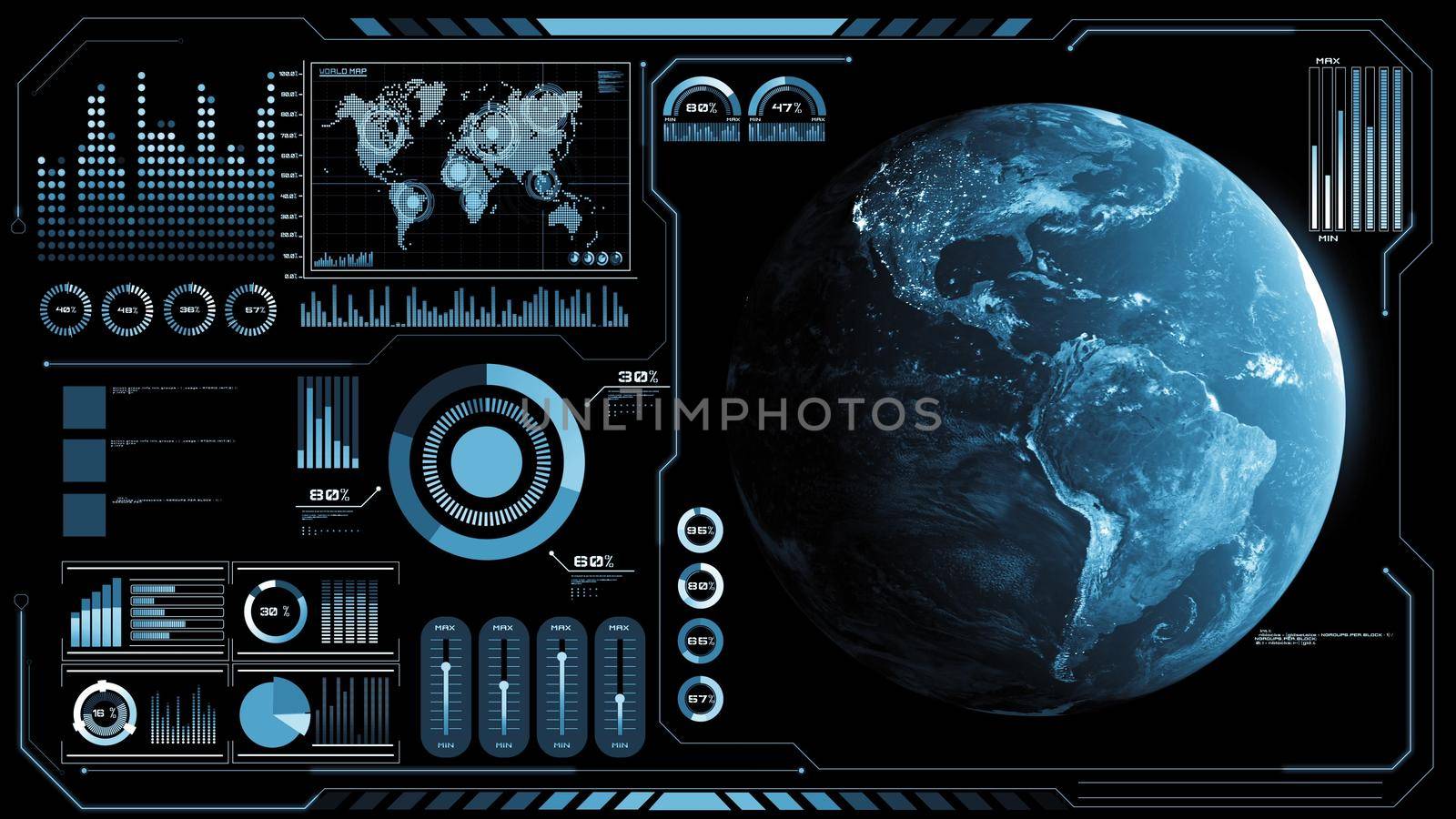 Futuristic VR head-up display design with orbital global network 3D rendering graphic . HUD element containing circle abstract and big data analytic presented in digital GUI technology .