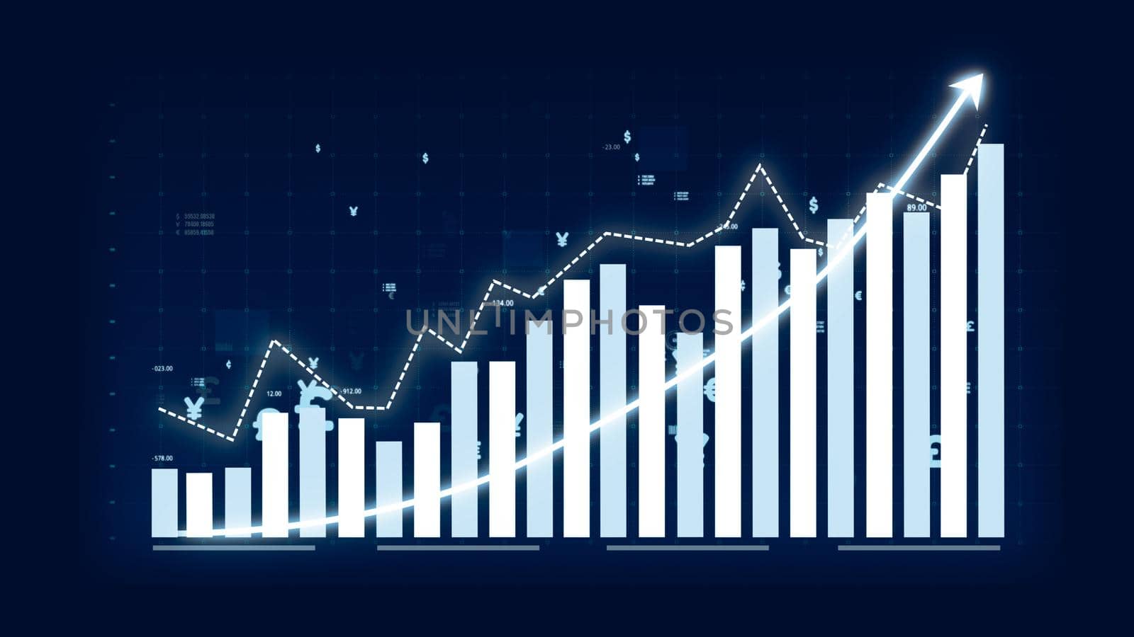 Business growth concept in allusive graph chart showing marketing sales profit increasing to future target . Excellent financial status of corporate business rise up . Finance and money 3D rendering .