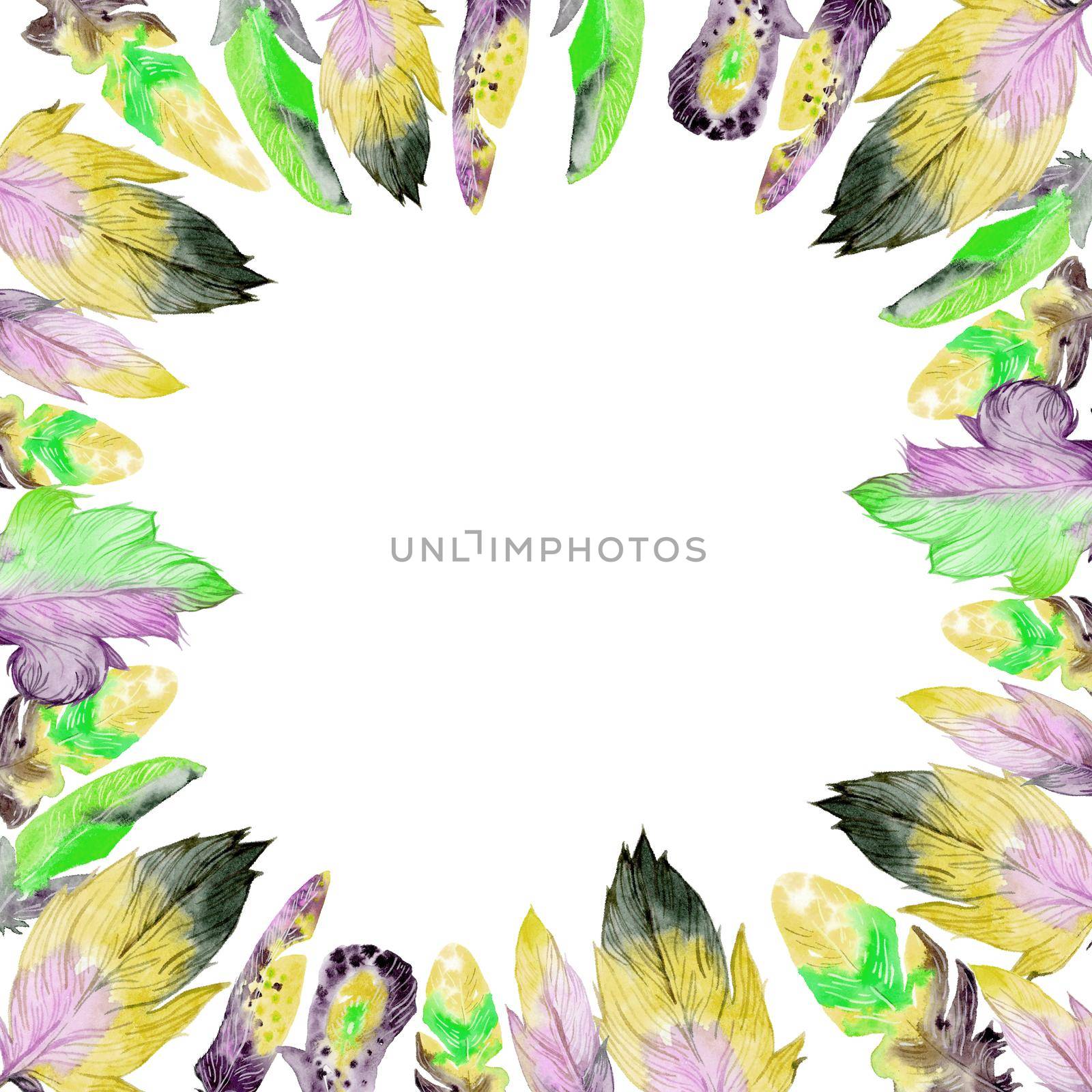 Watercolor frame with colorful feathers. Beautiful hand-drawn background for invitations, save the date cards and any design.
