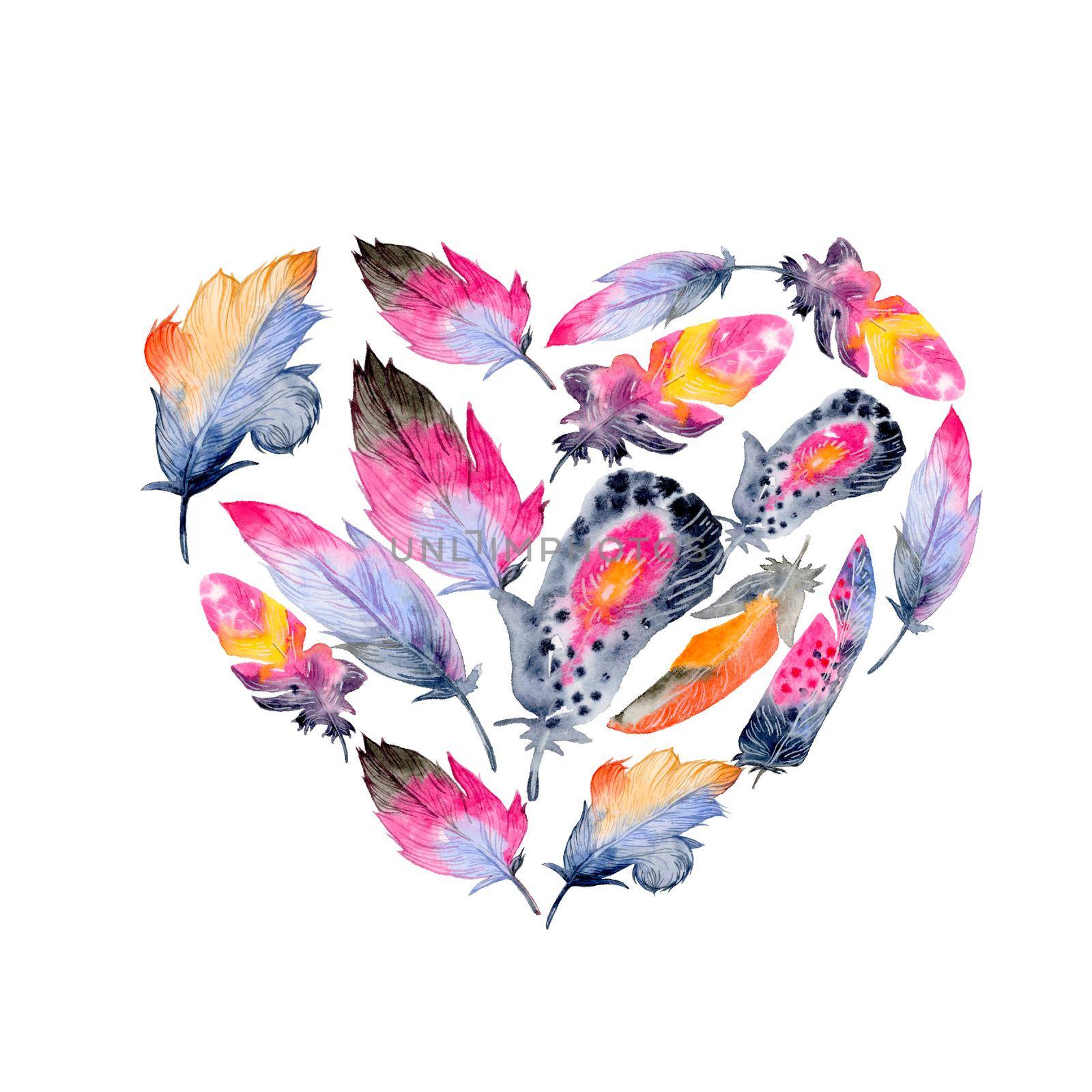 Feathers. Vintage heart composition in boho style. Watercolor hand drawn illustration by fireFLYart
