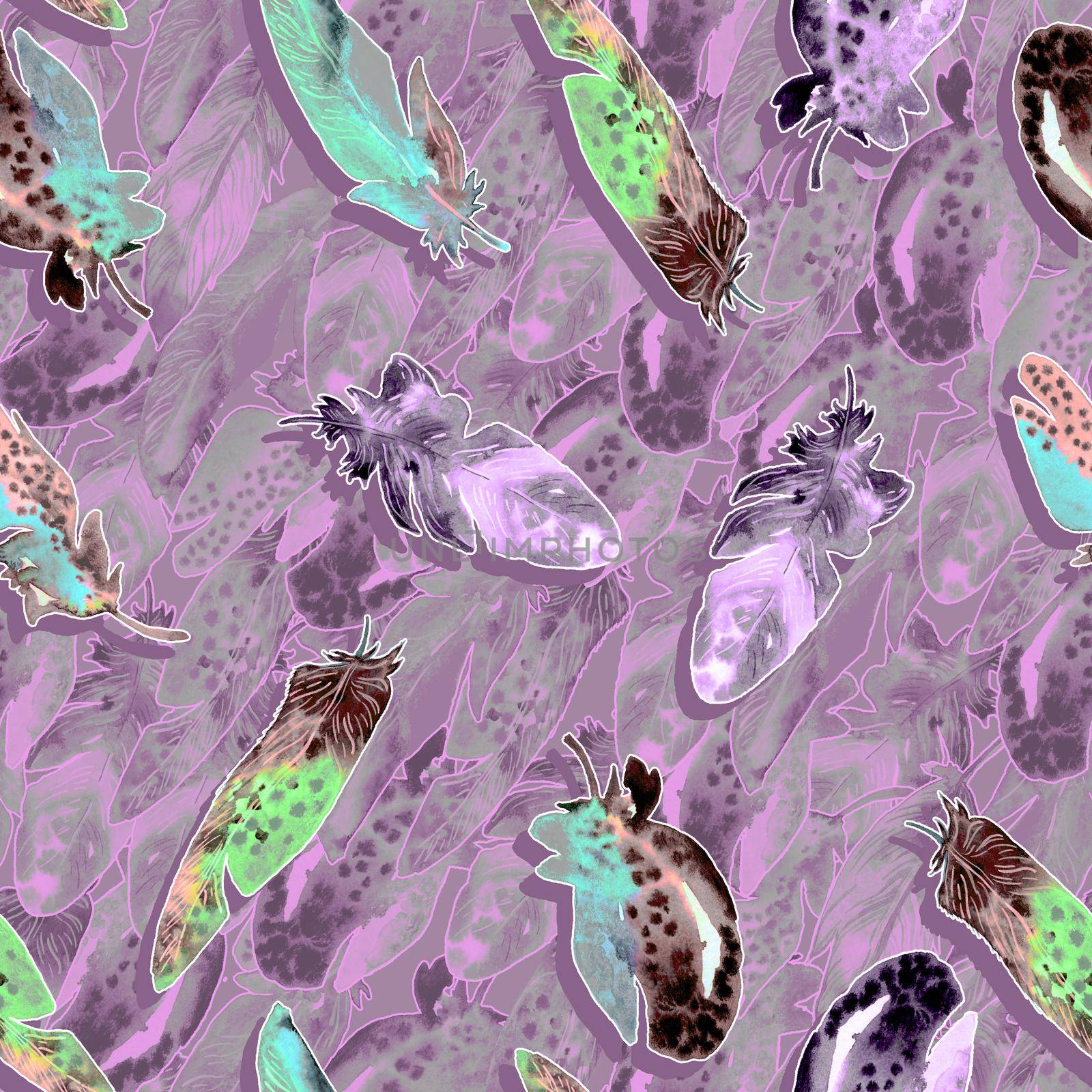 Watercolor birds feathers pattern. Seamless texture with hand drawn feathers on purple background by fireFLYart
