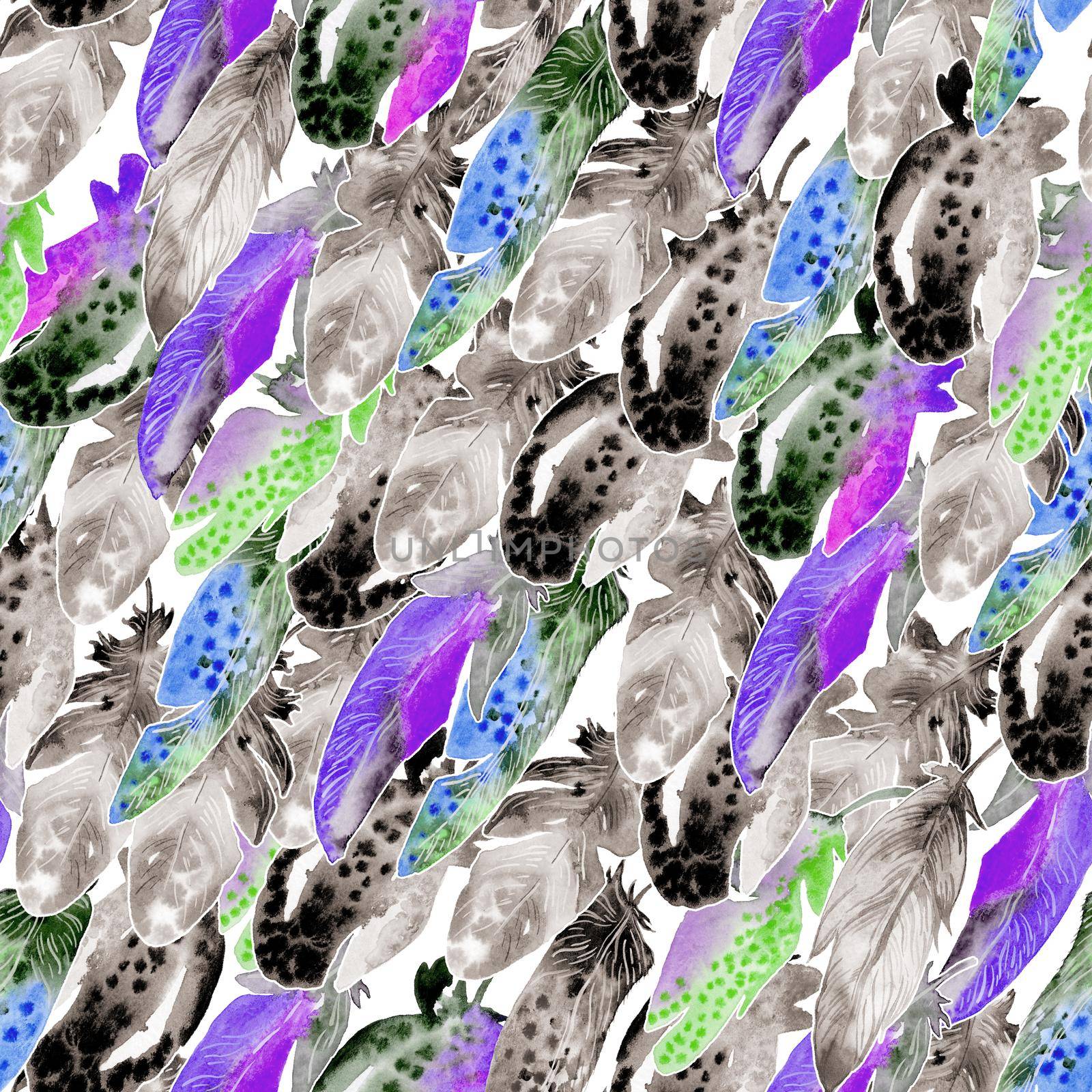 Watercolor birds feathers pattern. Seamless texture with hand drawn bright feathers by fireFLYart