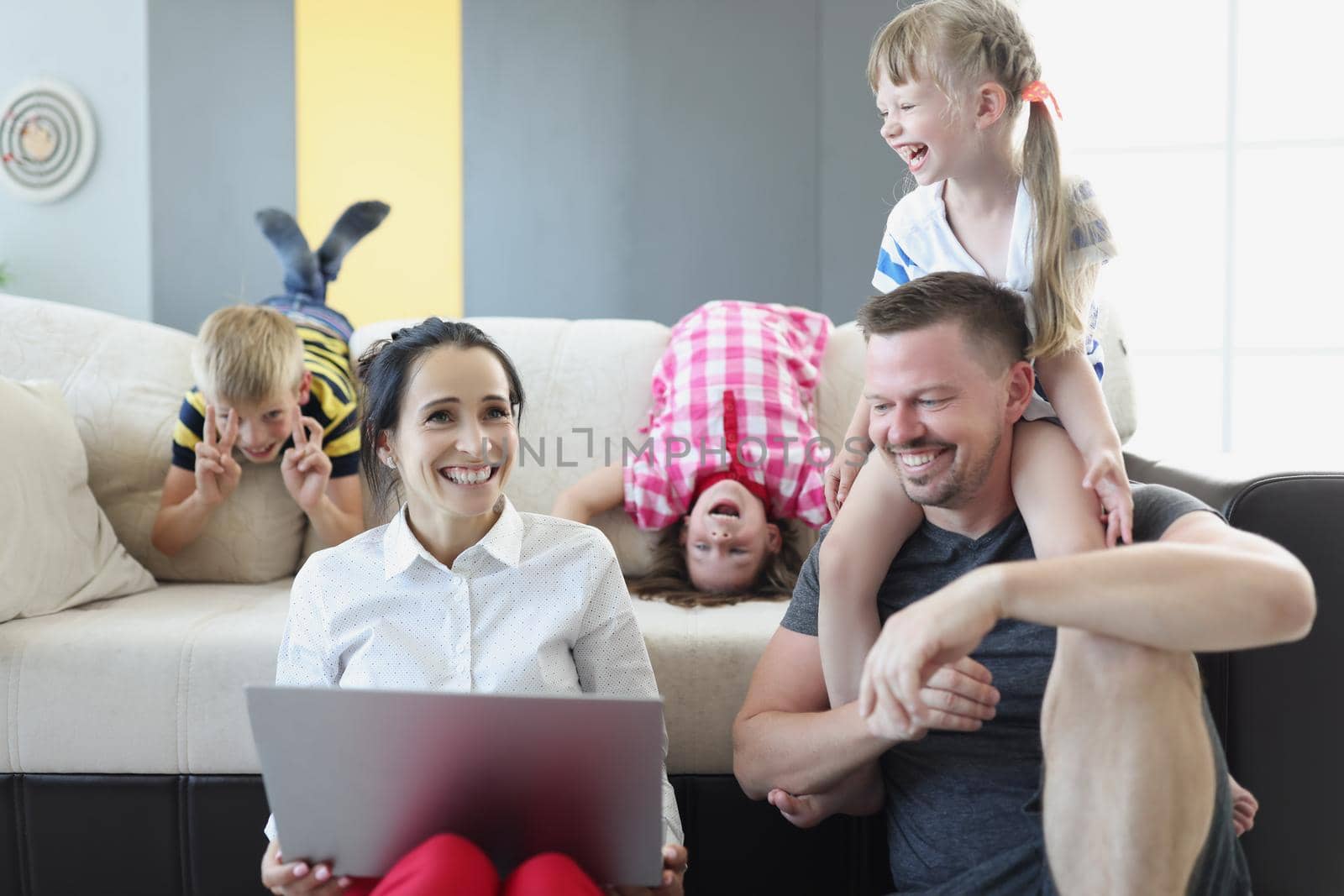 Portrait of happy family spend time together, father mother and children laugh, carefree time. Family, childhood, parenthood, joy, weekend, love concept