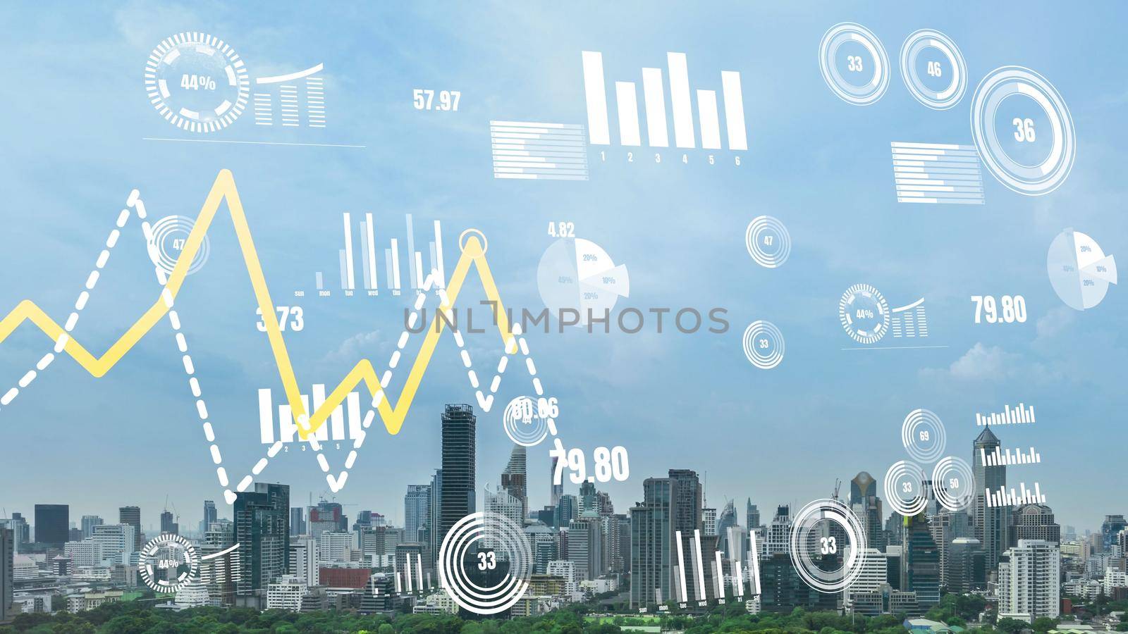 Business data analytic interface fly over smart city showing alteration future of business intelligence. Computer software and artificial intelligence are used to analyze big data for strategic plan .