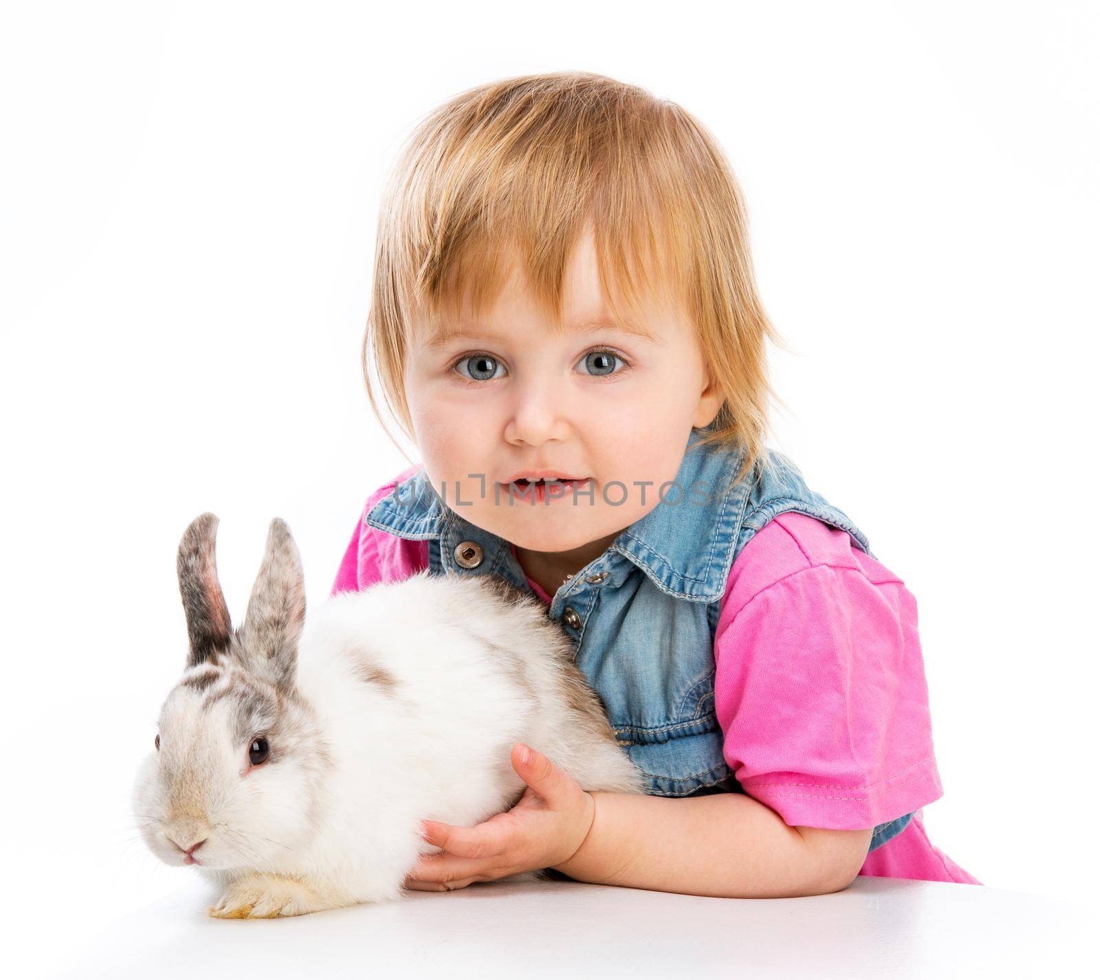 cute baby and easter bunny on white background
