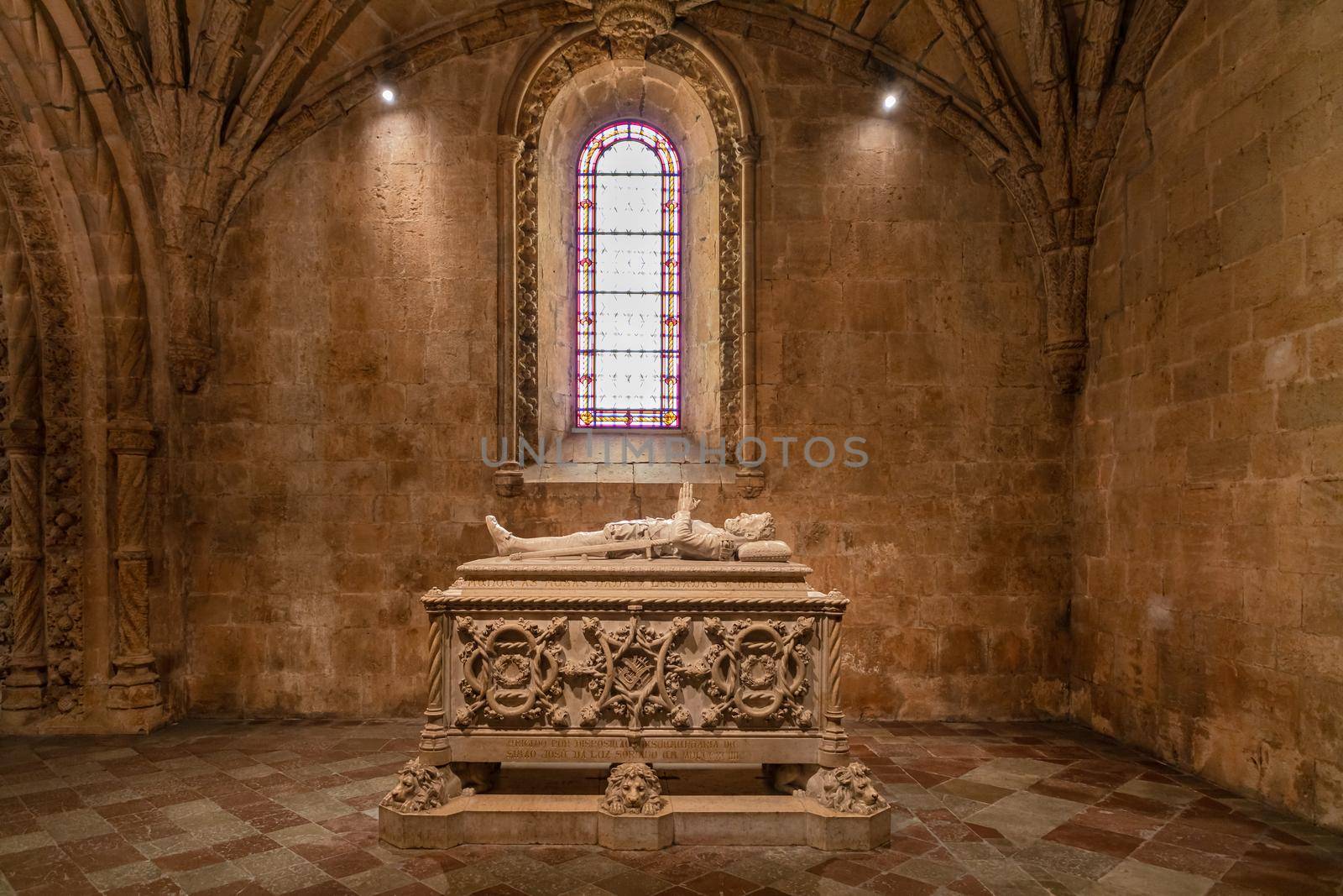 The neo-Manueline style tomb of Vasco da Gama stands in the Jeronimos Monastery in Belem, Lisbon, Portugal