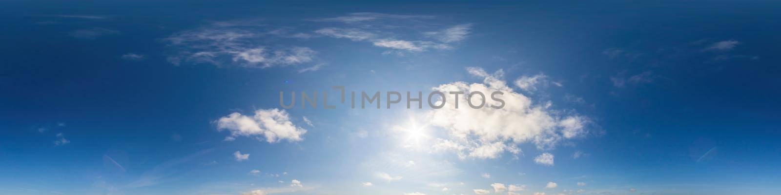 Blue sky panorama with puffy Cumulus clouds. Seamless hdr pano in spherical equirectangular format. Sky dome or zenith for 3D visualization, game and sky replacement for aerial drone 360 panoramas. by Matiunina