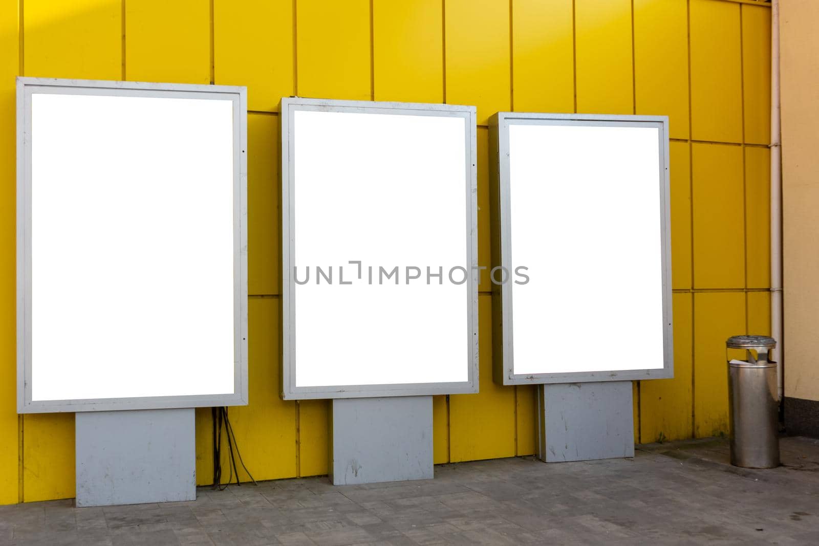 Three banners with isolated background near yellow wall. Banner with white space for writing. Copy space