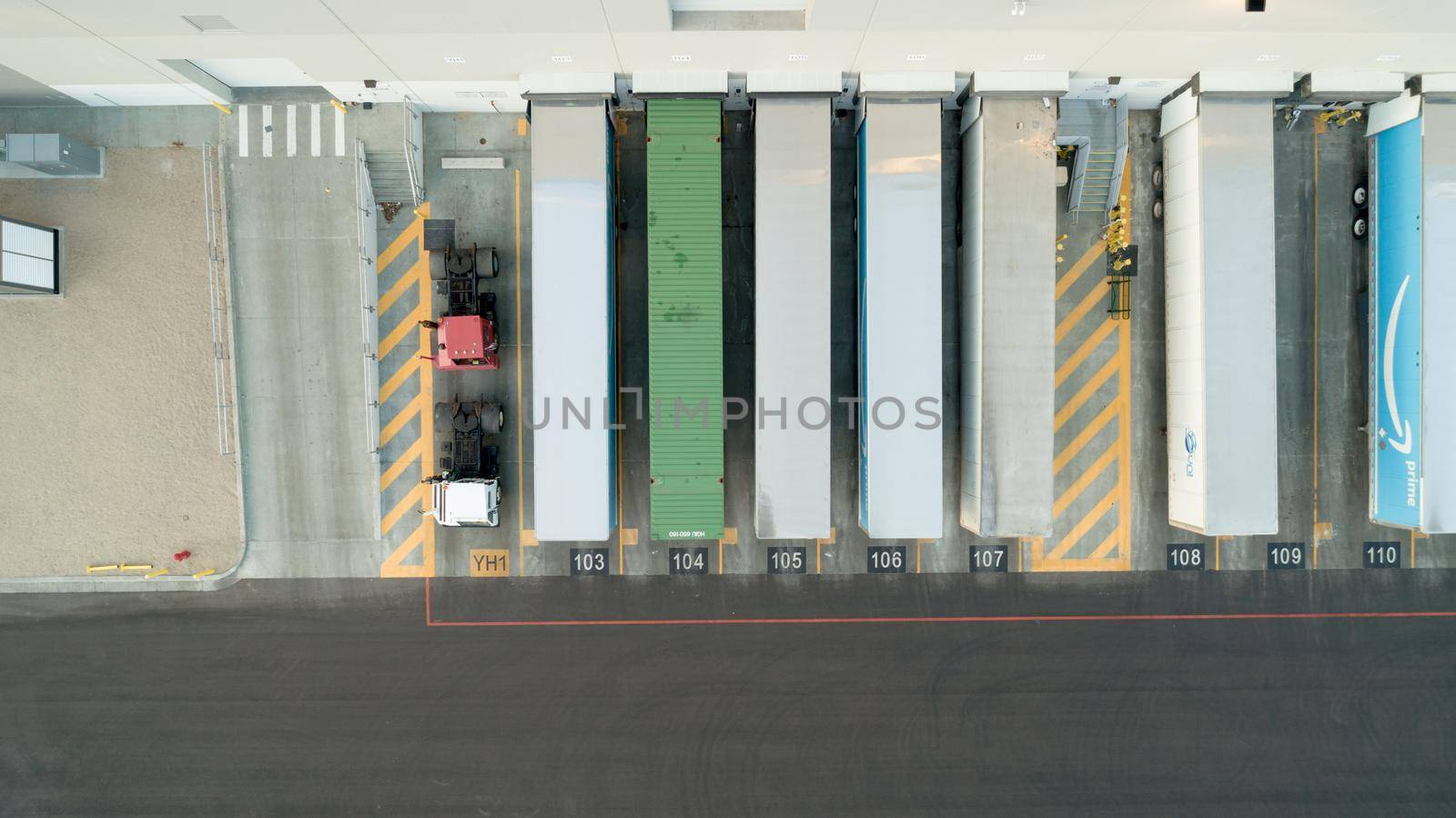 NAMPA, IDAHO - FEBRUARY 7, 2021: looking down on shipping trailers at the Amazon warehouse