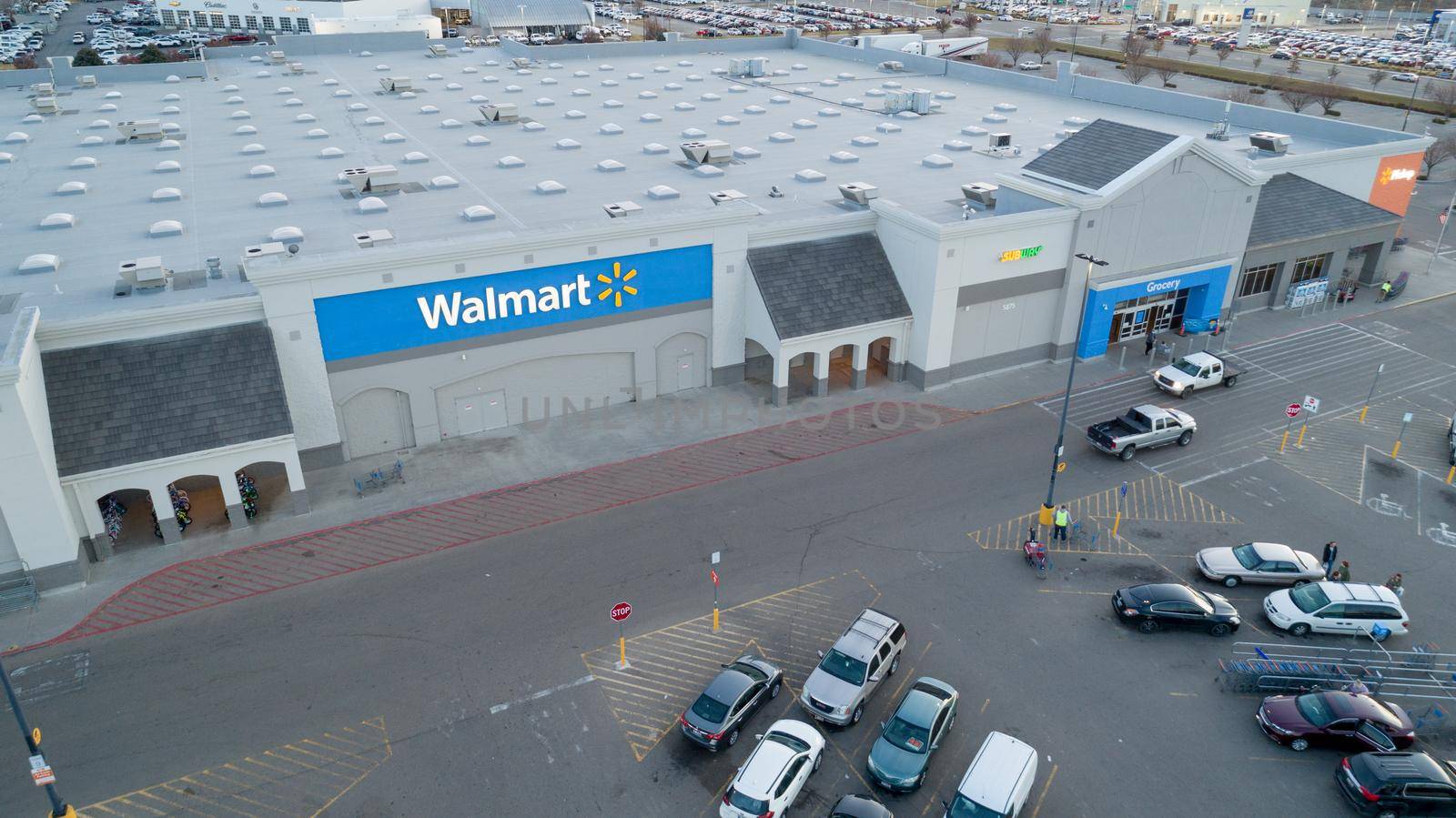 NAMPA, IDAHO - FEBRUARY 7, 2021: Low angle aeiral shot of the front walmart entrace in Nampa