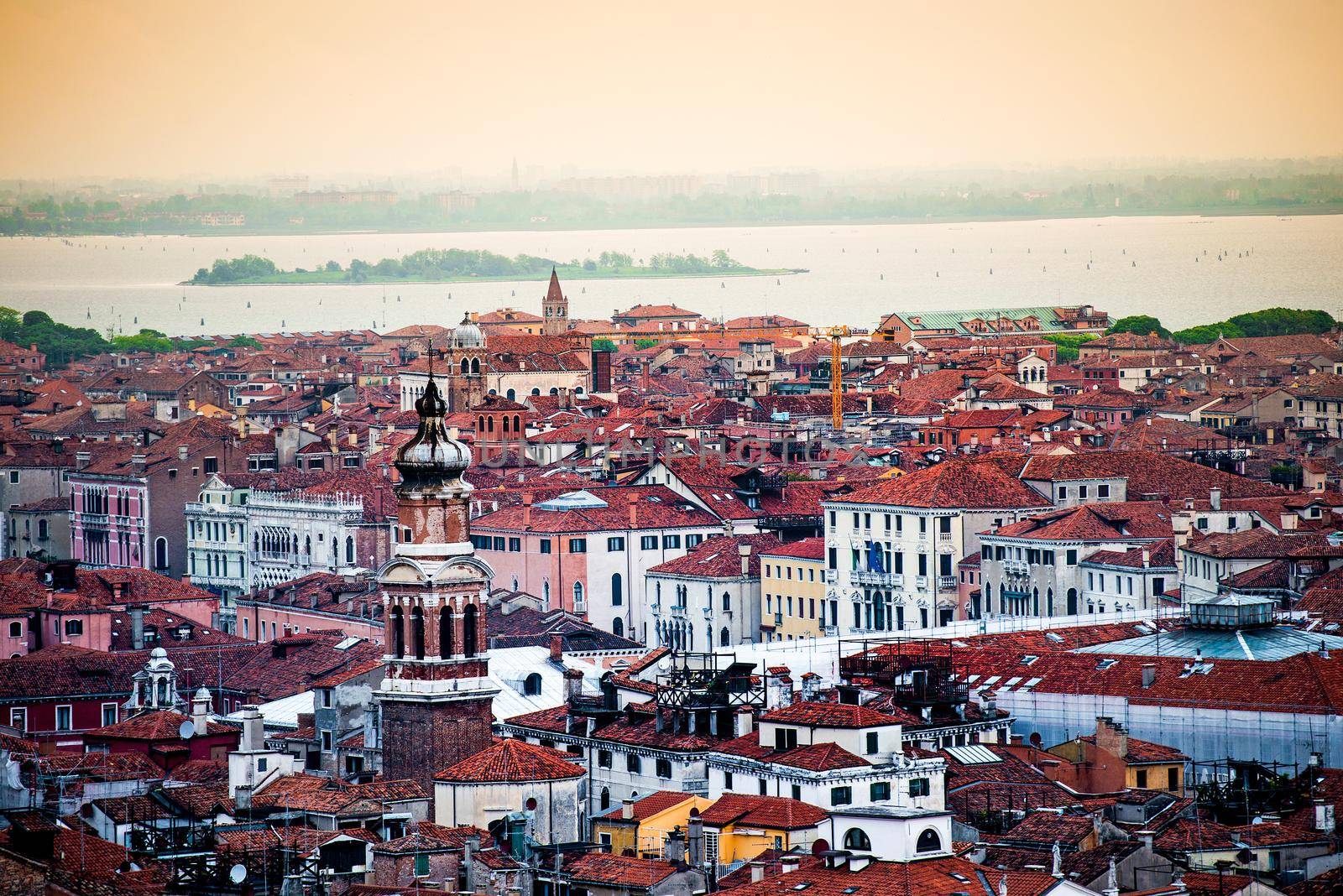 Aerial view of Venice. Houses, sea and palases from San Marco tower