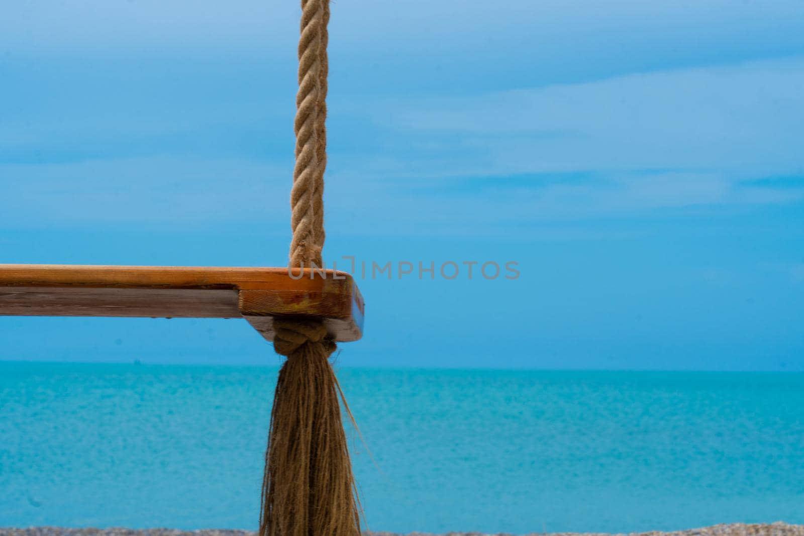 Space swing ocean background beach empty blue teeterboard seesaw nature, for summer vacation from coast from leisure sand, idyllic peaceful. Weather wave beauty,