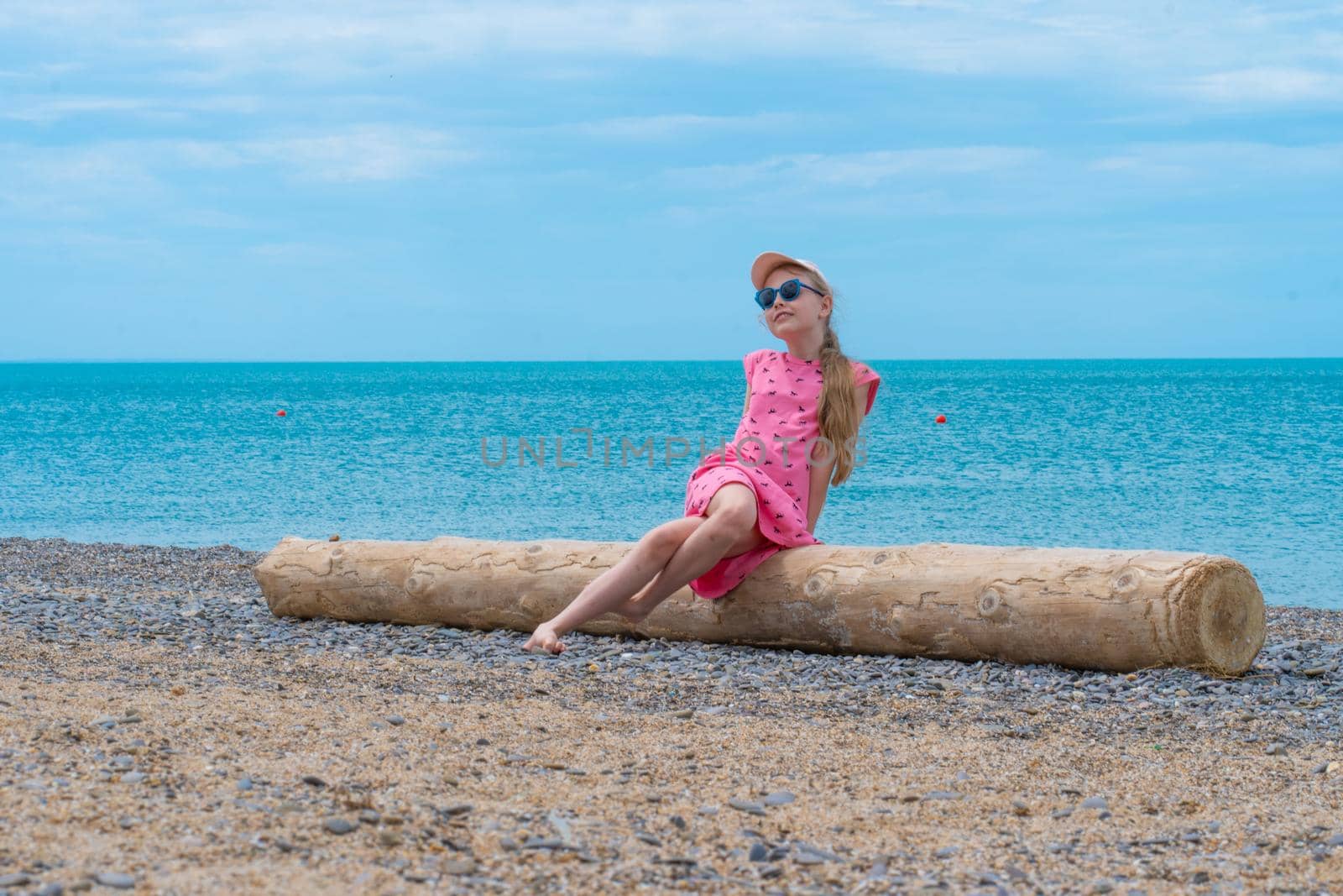 Log sea back little coast girl view nature travel sand, for summer leisure from beauty from beautiful sit, tourist seaside. Children horizon innocence,