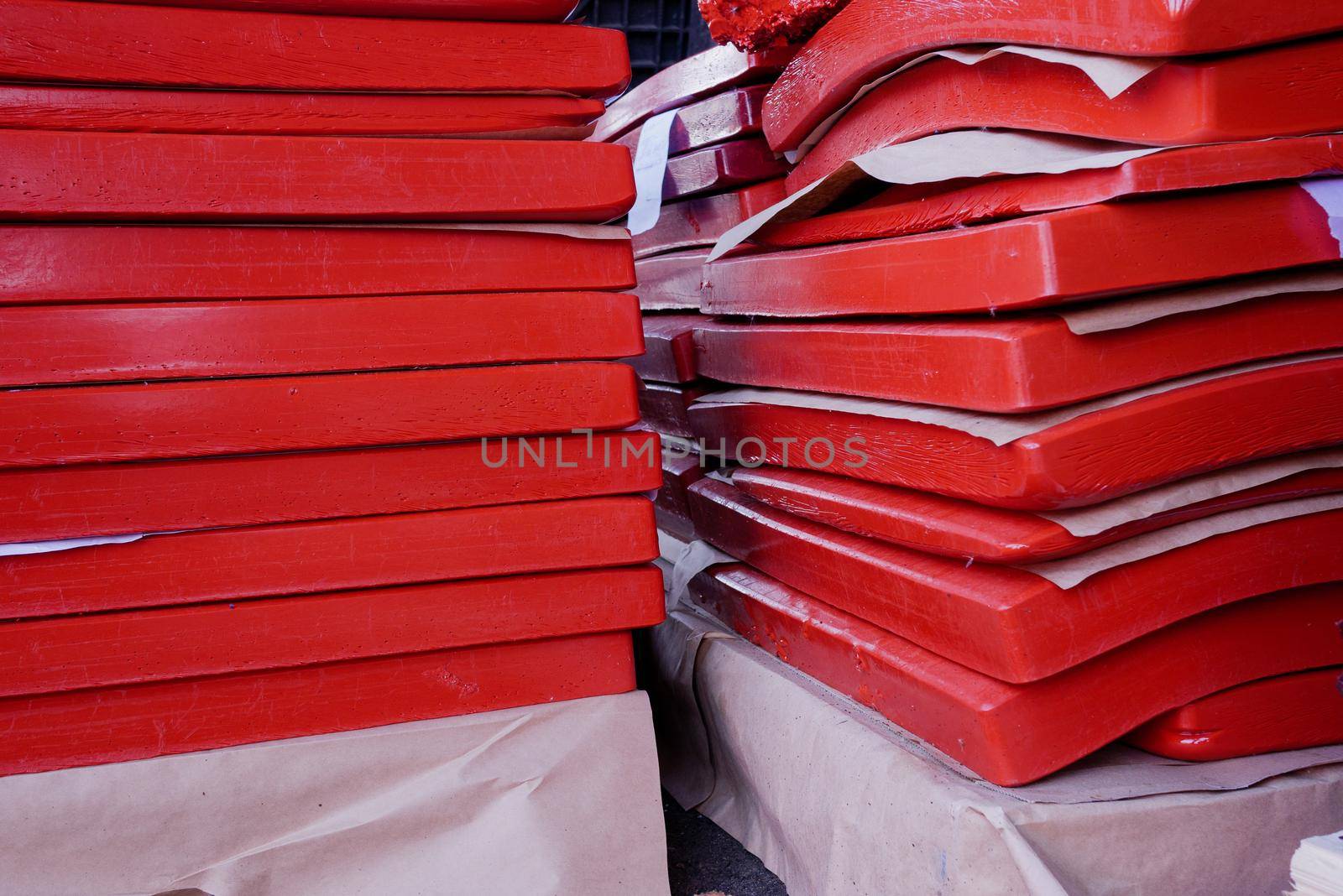 Remelted gelatin in the form of plates. Gelatin slabs stacked in one pile.