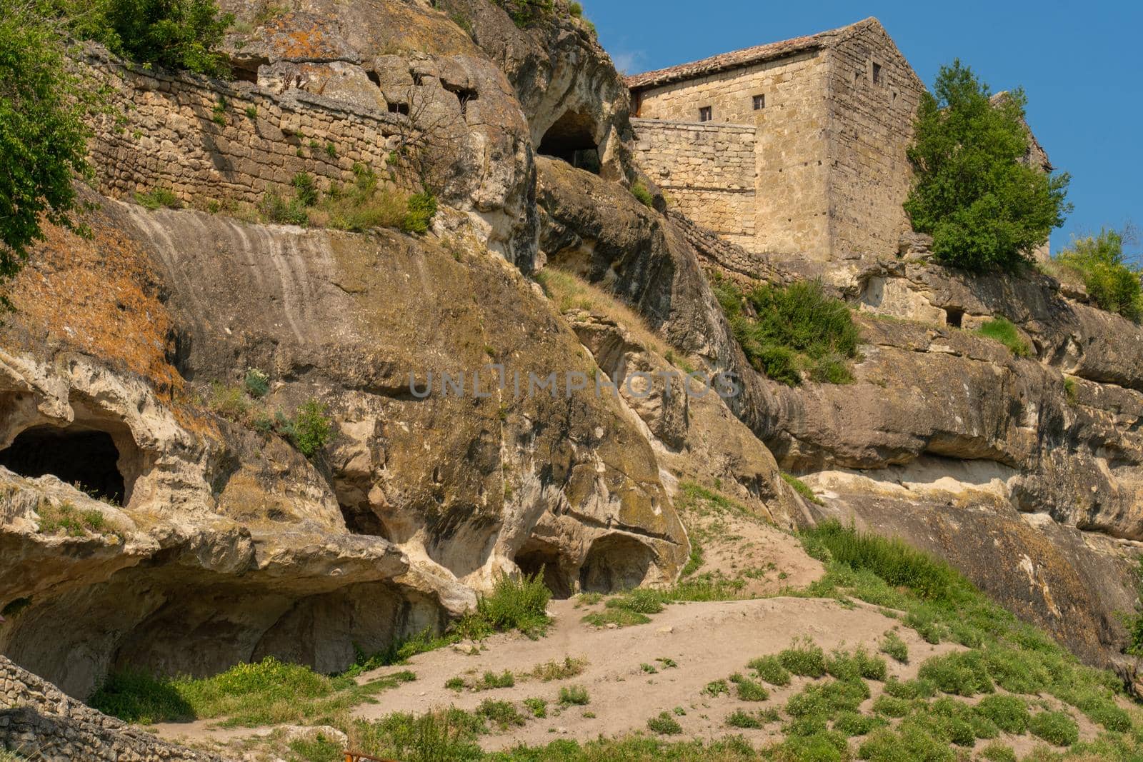 Ancient cave city road bakhchisaray chufut crimea medieval street stone, concept landscape building for tourism from rock cloudy, limestone karaite. Town ruins stony, by 89167702191