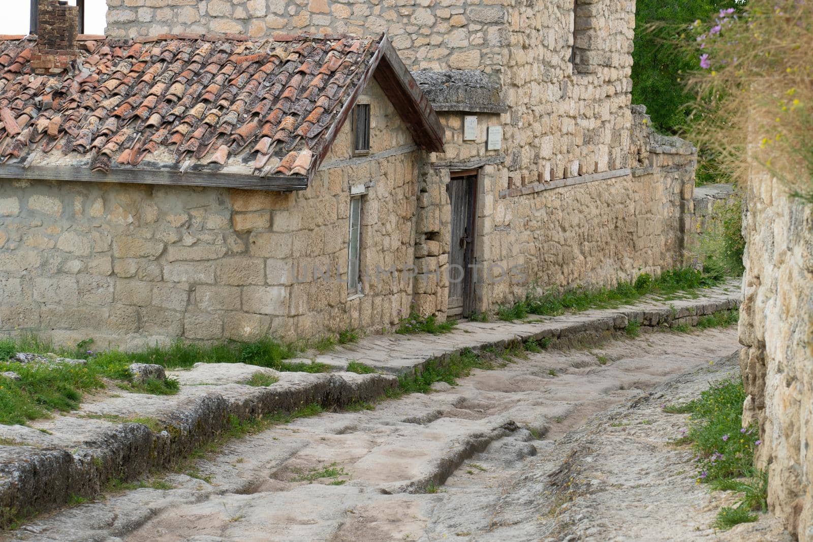 Ancient city road bakhchisaray cave chufut crimea medieval street stone, for history blue for architecture from settlement tree, autumn bakhchisarai. View ruins crimean,