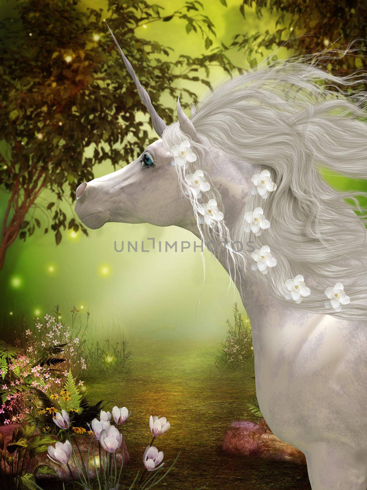 The Unicorn is a horned white horse creature of folklore and legend that lives in a magical forest.