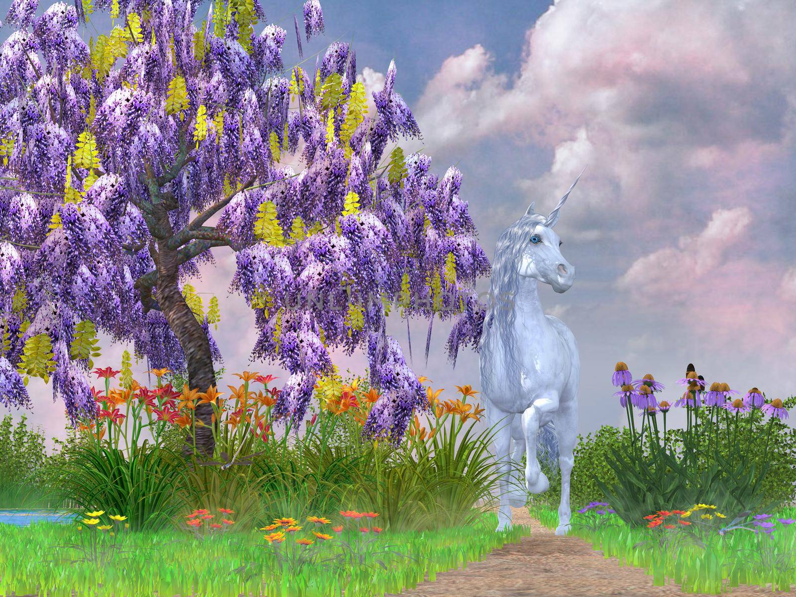 A legendary white Unicorn follows a path surrounded by flowers and a purple Wisteria tree.