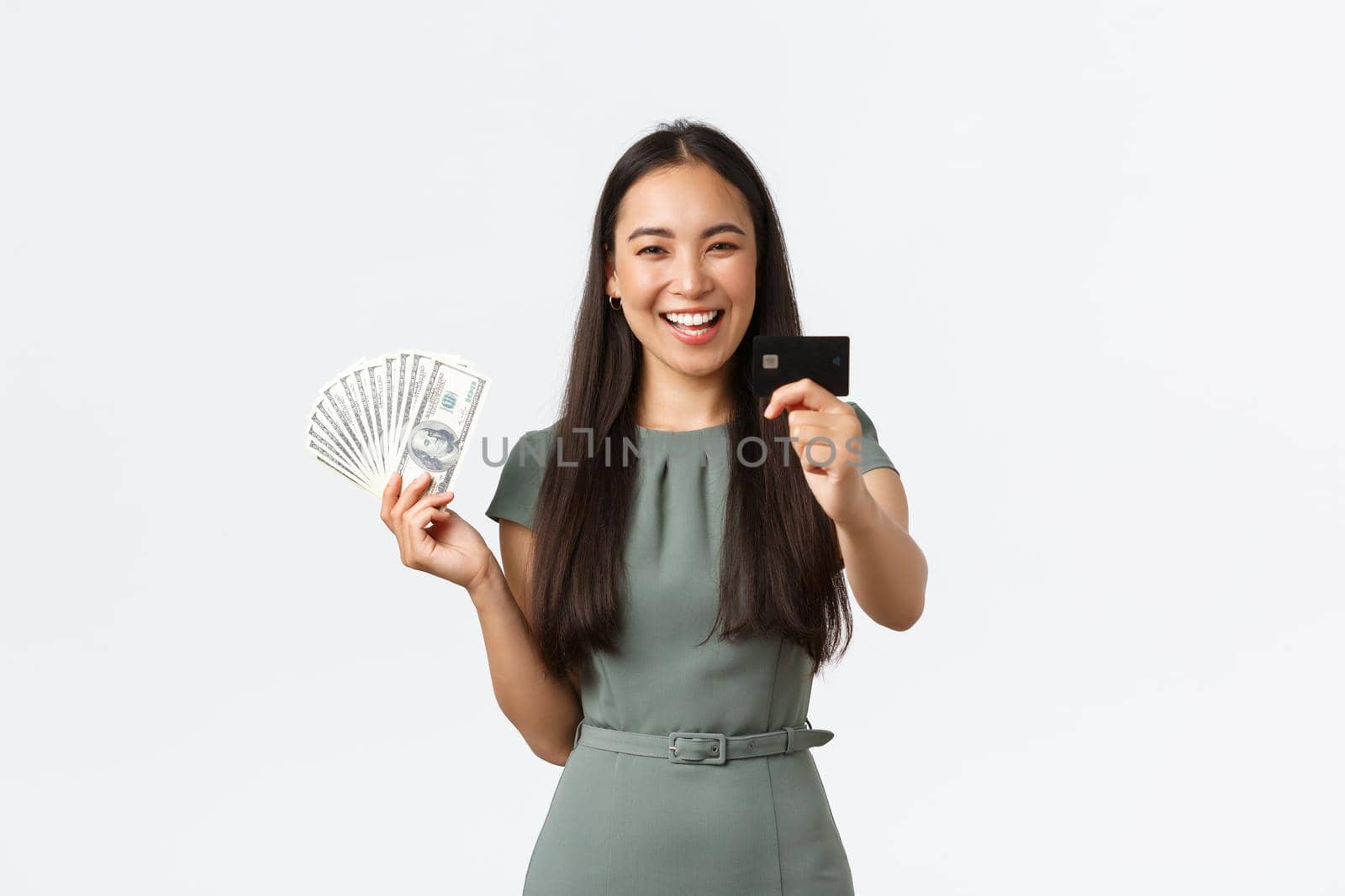 Small business owners, women entrepreneurs concept. Smiling businesswoman recommend using credit card instead of cash during coronavirus pandemic, standing white background.