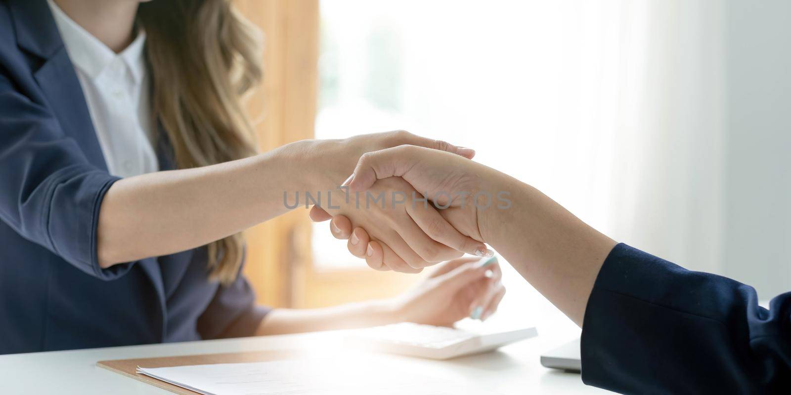 Closeup of unrecognizable happy businesswoman shaking hands with business partner after signing contract during meeting in office. by wichayada