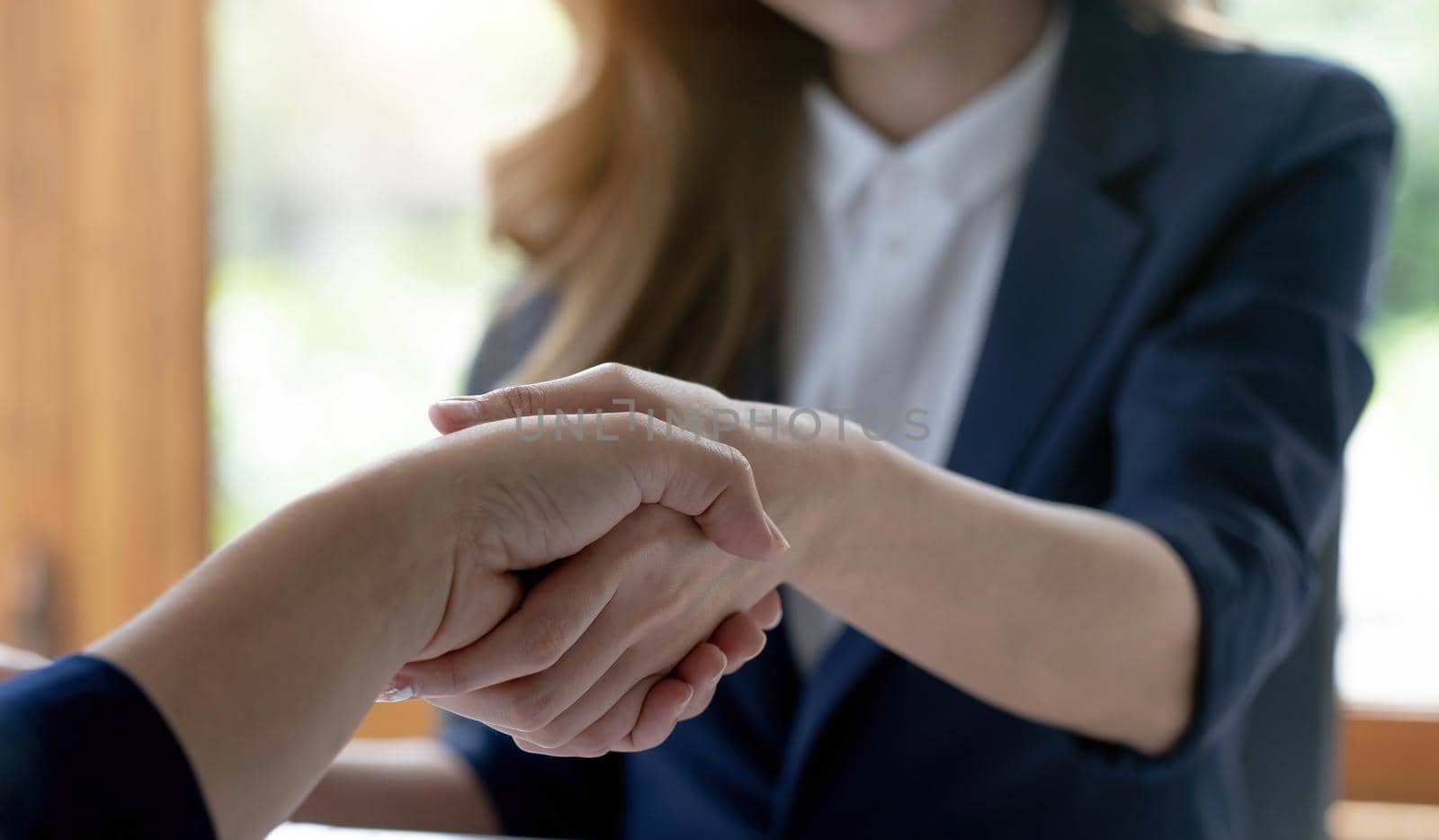 Closeup of unrecognizable happy businesswoman shaking hands with business partner after signing contract during meeting in office..