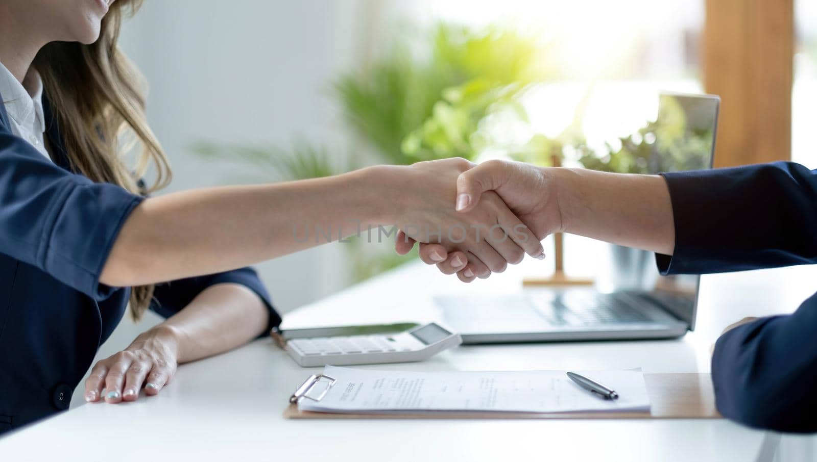 Man and woman are shaking hands in office. Collaborative teamwork..