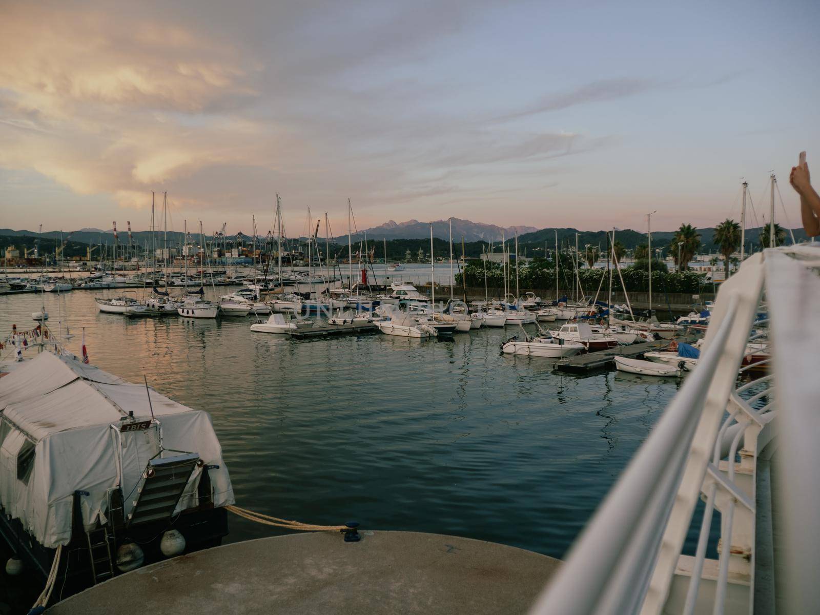 Panoramic view of La Spezia harbour at sunset