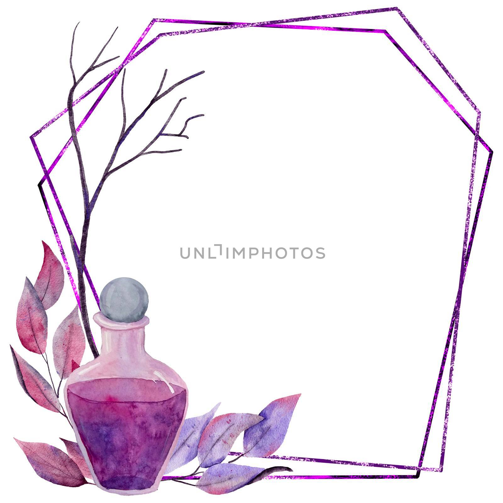 Hand drawn illustration of potion flask Halloween mystic magic frame with purple leaves black branches crystals mushrooms. Spooky horror flowers floral invitation elegant mystic design