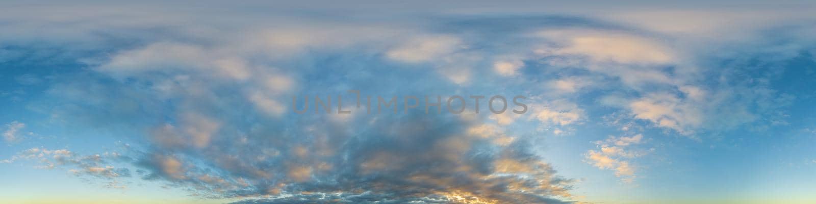 Sky panorama with Cirrus clouds in Seamless spherical equirectangular format. Full zenith for use in 3D graphics, game and editing aerial drone 360 degree panoramas for sky replacement