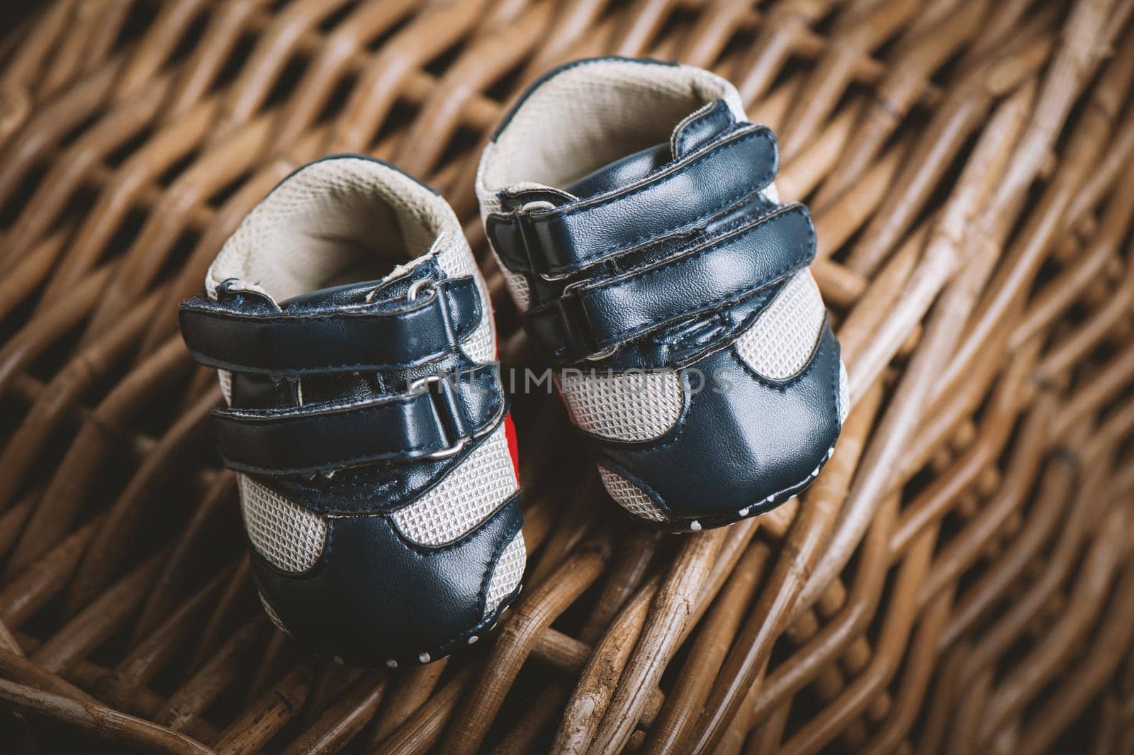 closeup little blue shoes for baby, baby clothing, baby accessories