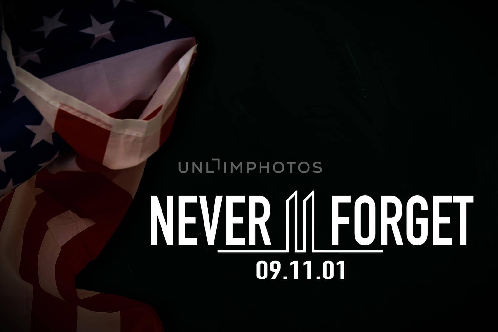 9.11 Patriot Day logo with Twin Towers on american flag. USA Patriot Day banner. September 11, 2001. We Will Never forget. World Trade Center.Vector design template with red and blue colours. High quality photo