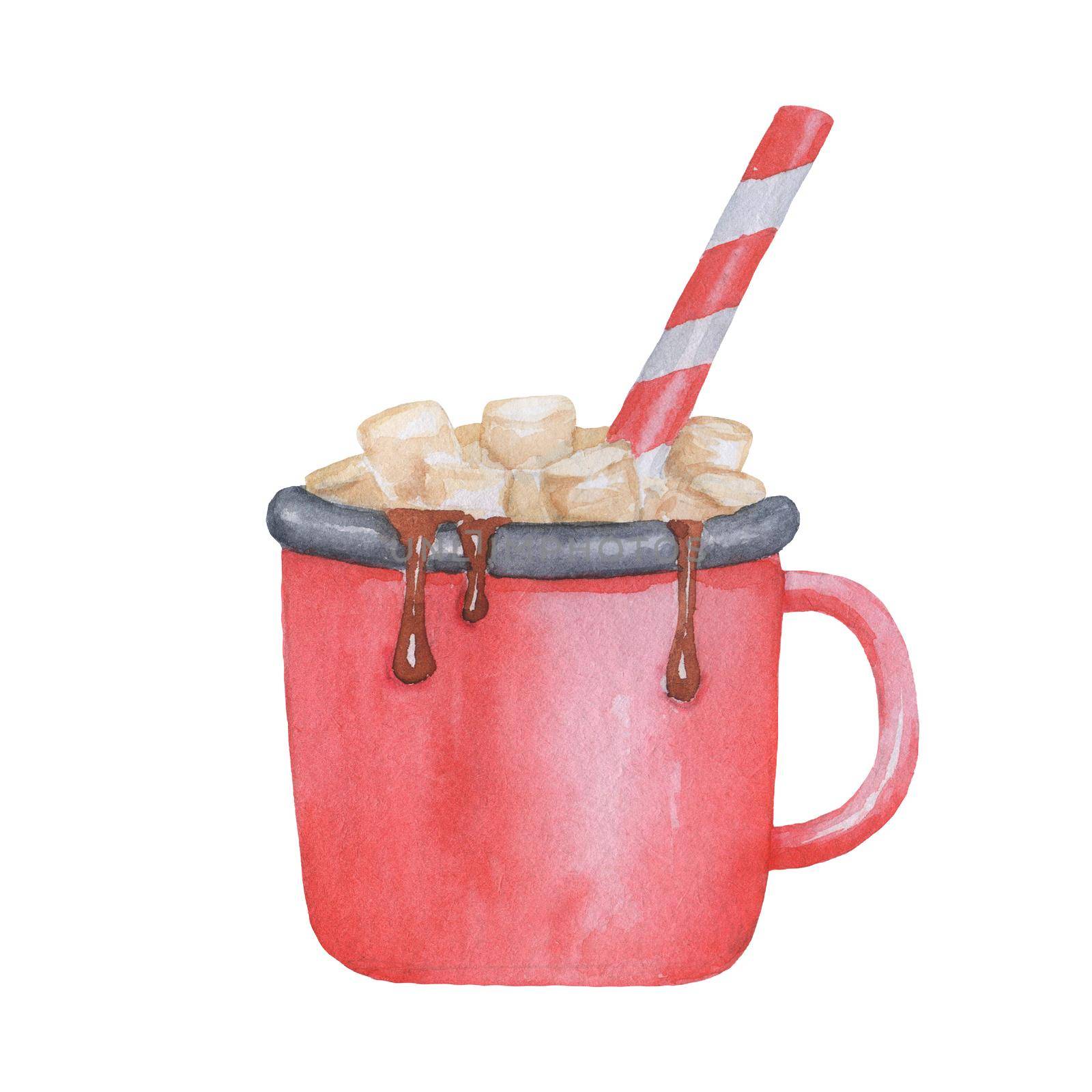Watercolor Hot chocolate with Christmas Candy Cane and marshmallow in red Cup isolated on white background. by ElenaPlatova