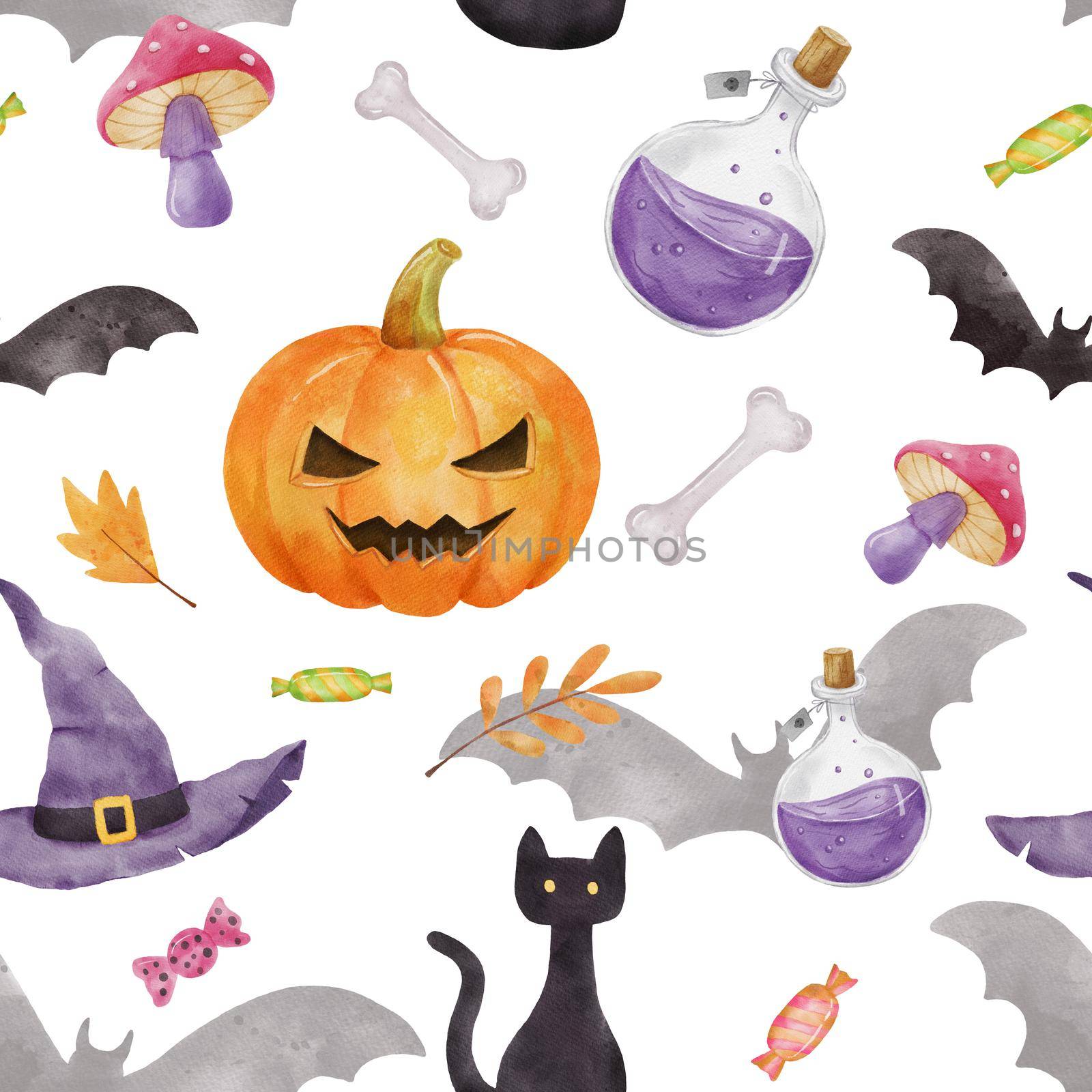 Seamless pattern for Halloween party. Pumpkin, bat, witch hat and black cat. Bright watercolor endless pattern on white by ElenaPlatova