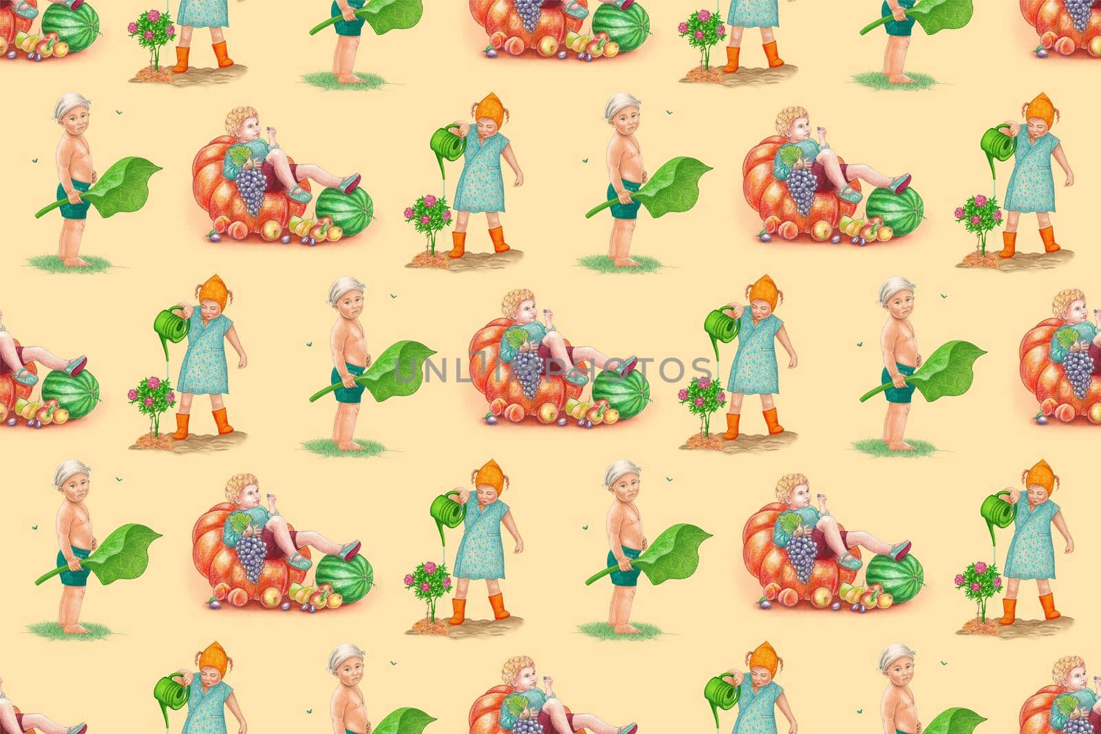 Seamless pattern. Summer. Children in various poses, eating fruits, watering flowers, playing barefoot. Watercolor style on a yellow background.