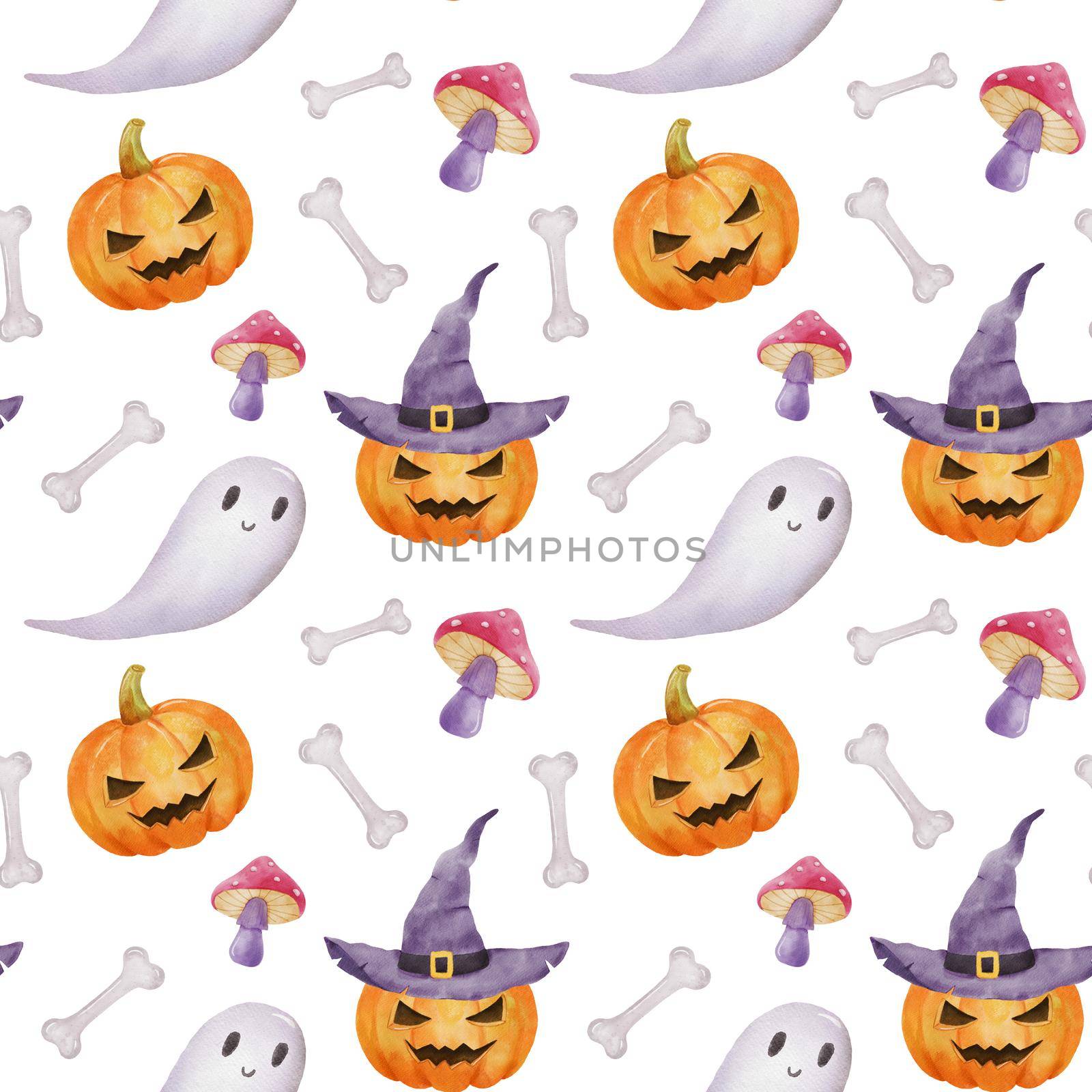 Seamless pattern for Halloween party. Pumpkin, witch hat and ghost. Bright watercolor endless pattern with bones on white by ElenaPlatova