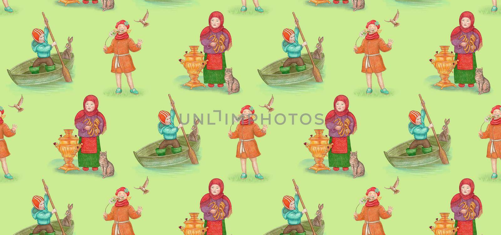 Horizontal banner. Spring. Children in various poses, swim on a boat, smell flowers, cook treats. by Manka