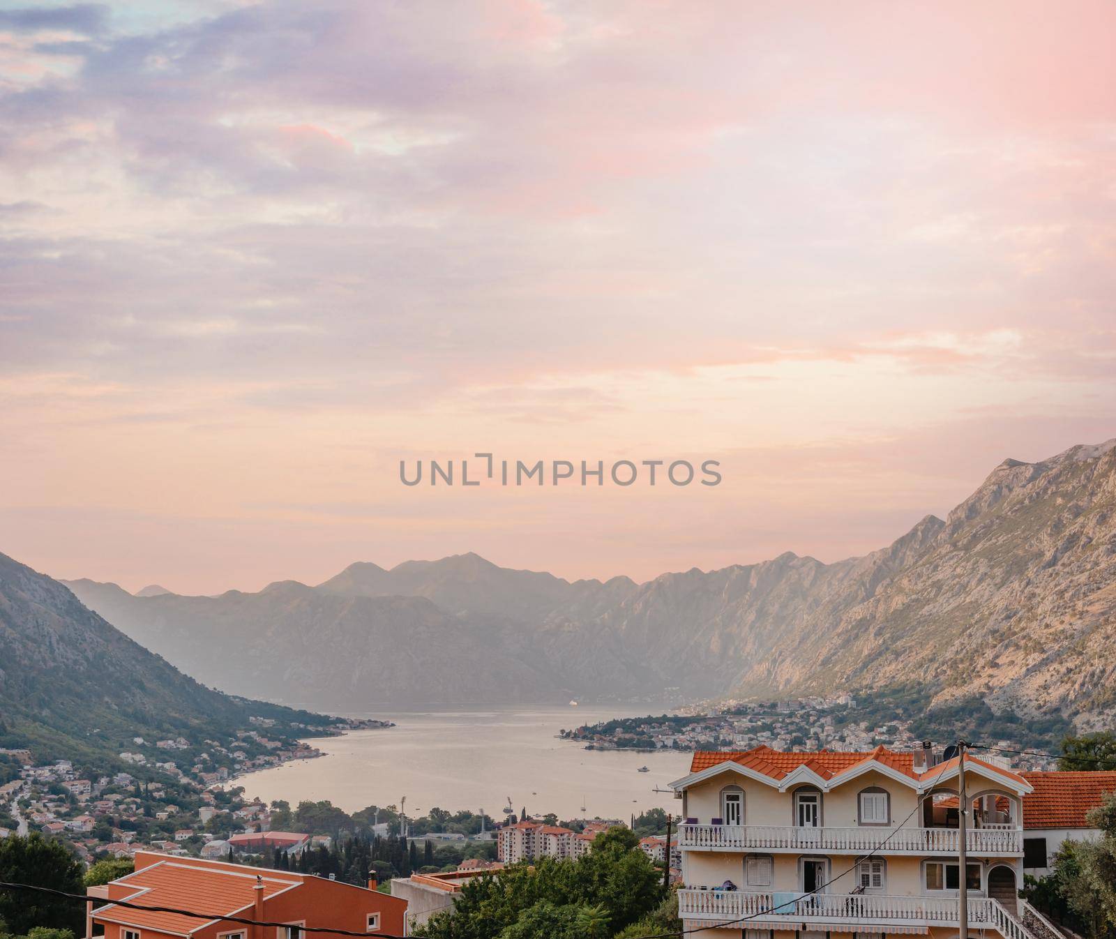 Sunset at Kotor Bay Montenegro. Sunset beautiful landscape. Travel concept. Montenegro, Kotor Bay. View of the sunset in Boko-Kotor Bay in Montenegro. by Andrii_Ko