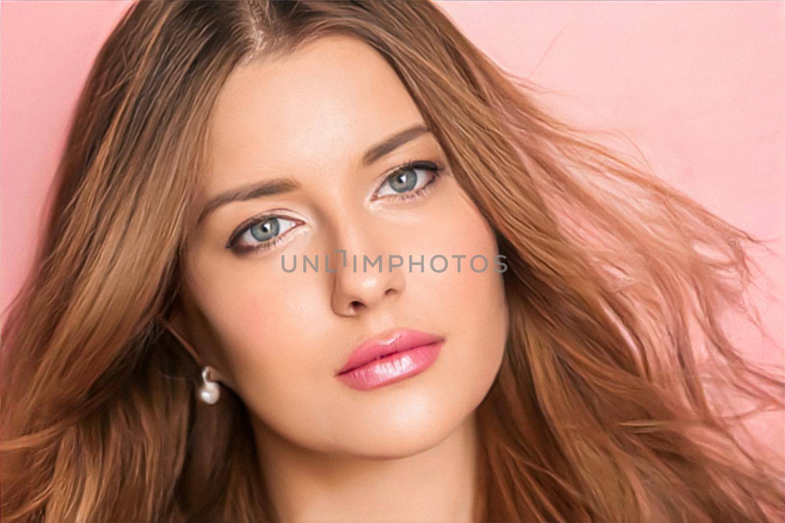 Beauty face portrait, beautiful woman with long hairstyle and glossy lipstick make-up on pink background, fashion and glamour model look for makeup, skincare cosmetics and hair care commercial