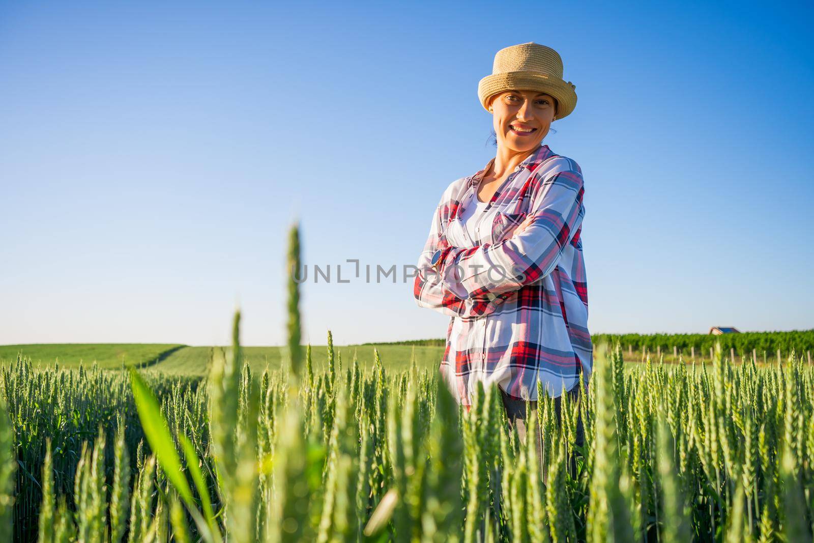 Woman is cultivating barley on his land. She is satisfied because of good progress of crops.