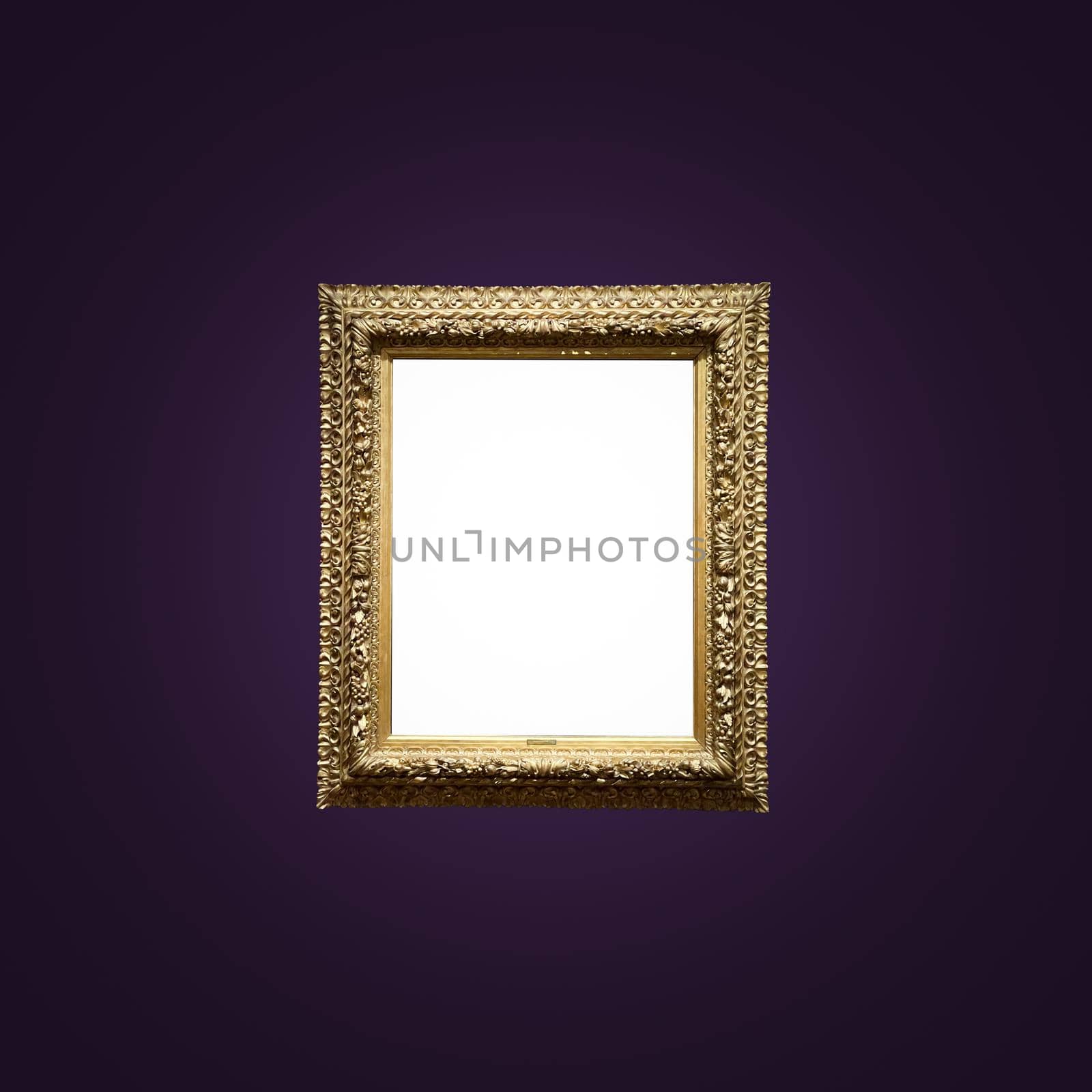 Antique art fair gallery frame on royal purple wall at auction house or museum exhibition, blank template with empty white copyspace for mockup design, artwork concept