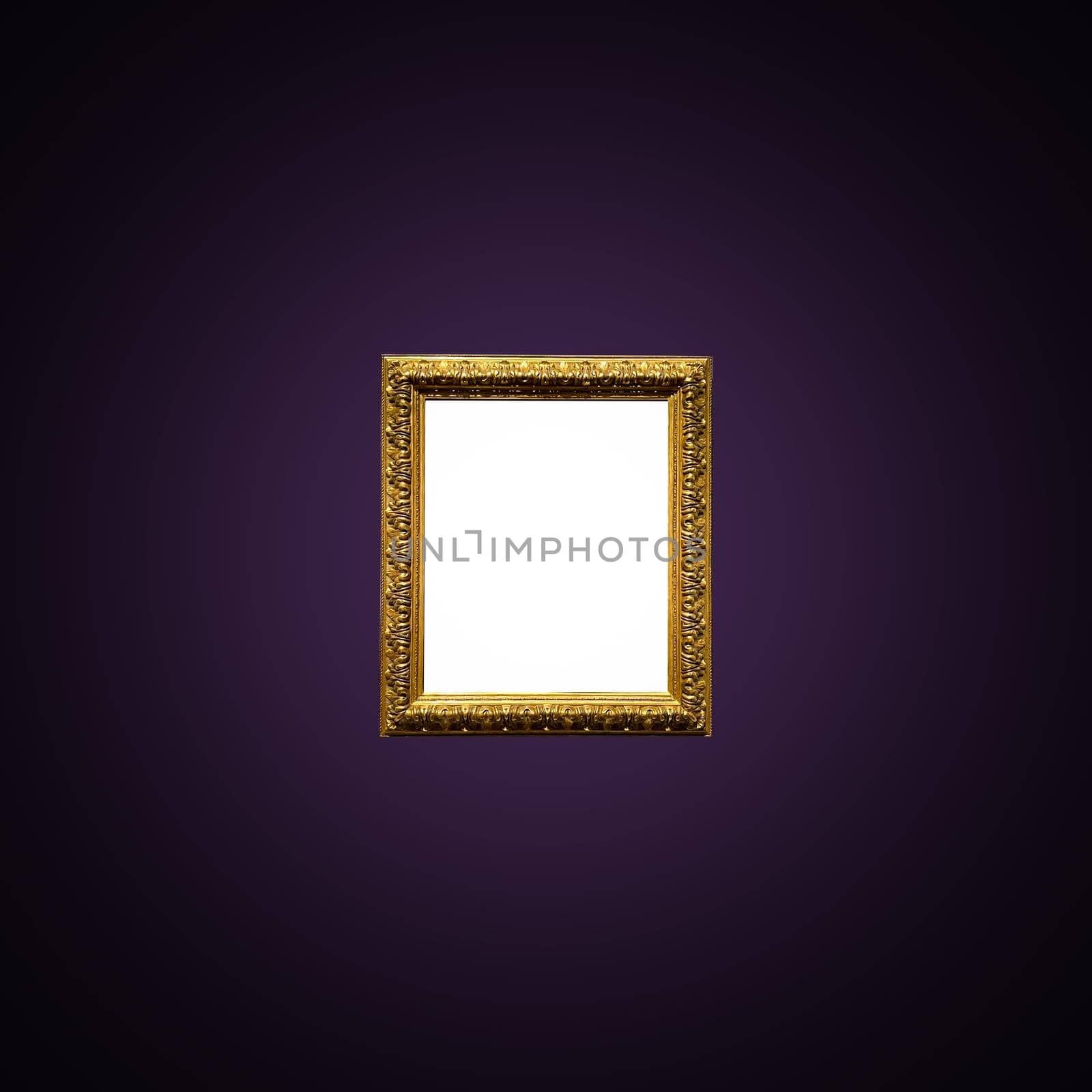 Antique art fair gallery frame on royal purple wall at auction house or museum exhibition, blank template with empty white copyspace for mockup design, artwork by Anneleven