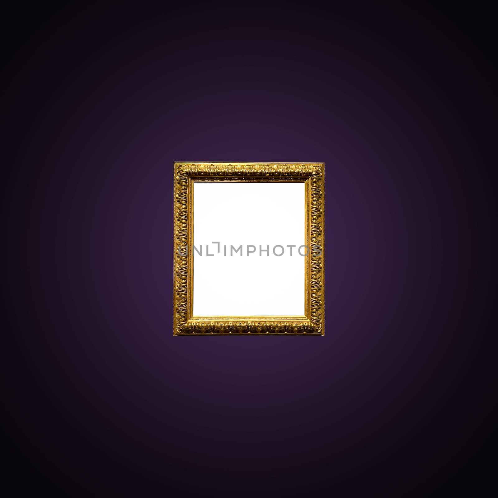 Antique art fair gallery frame on royal purple wall at auction house or museum exhibition, blank template with empty white copyspace for mockup design, artwork concept