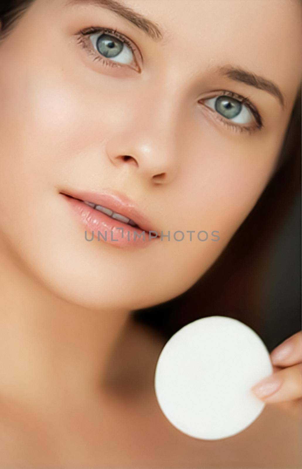 Beauty and skincare cosmetics model face portrait, woman with clean healthy skin and no make-up look using cotton pad, luxury facial and anti-aging skin care routine by Anneleven