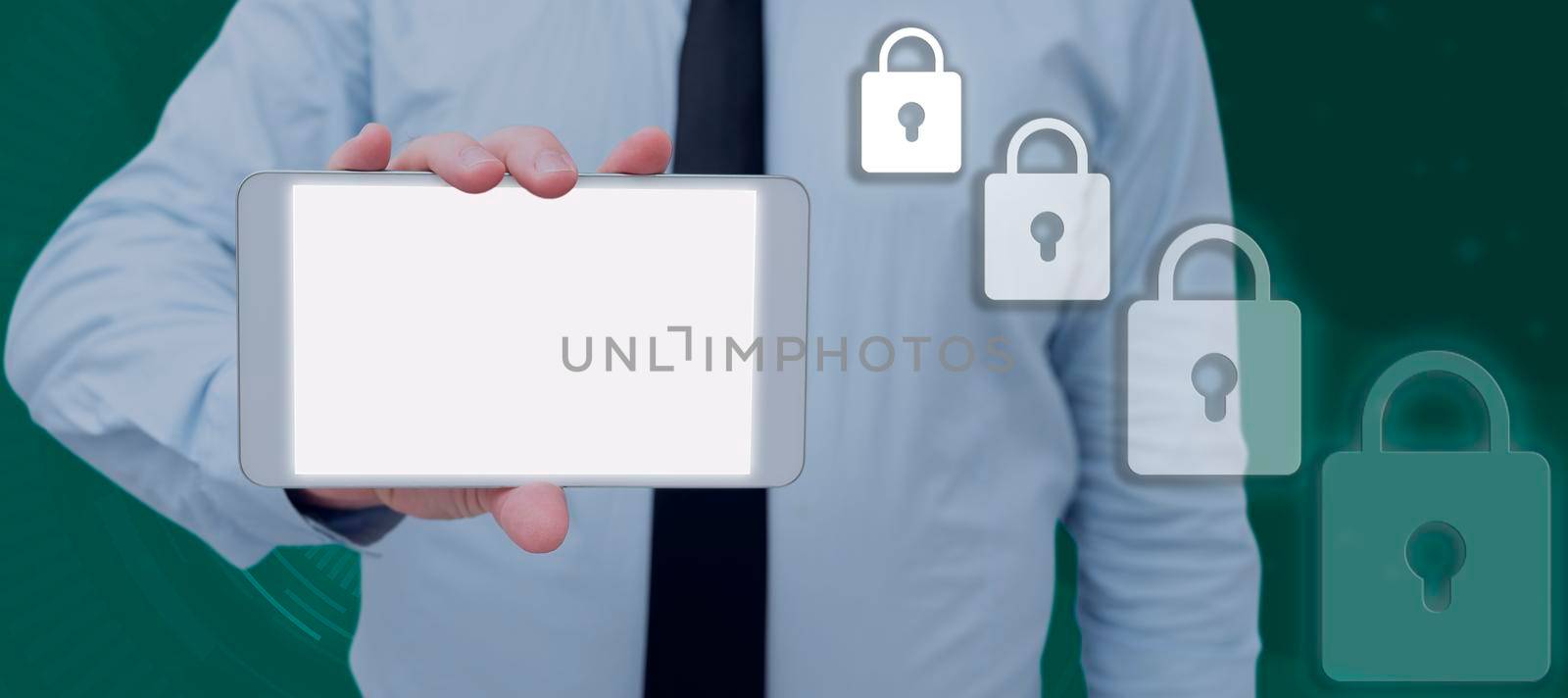 Businessman Showing Smartphone By Digitally Generated Padlocks And Patterns. Man Wearing Necktie Presenting Modern Technology For Data Protection And Network Security. by nialowwa