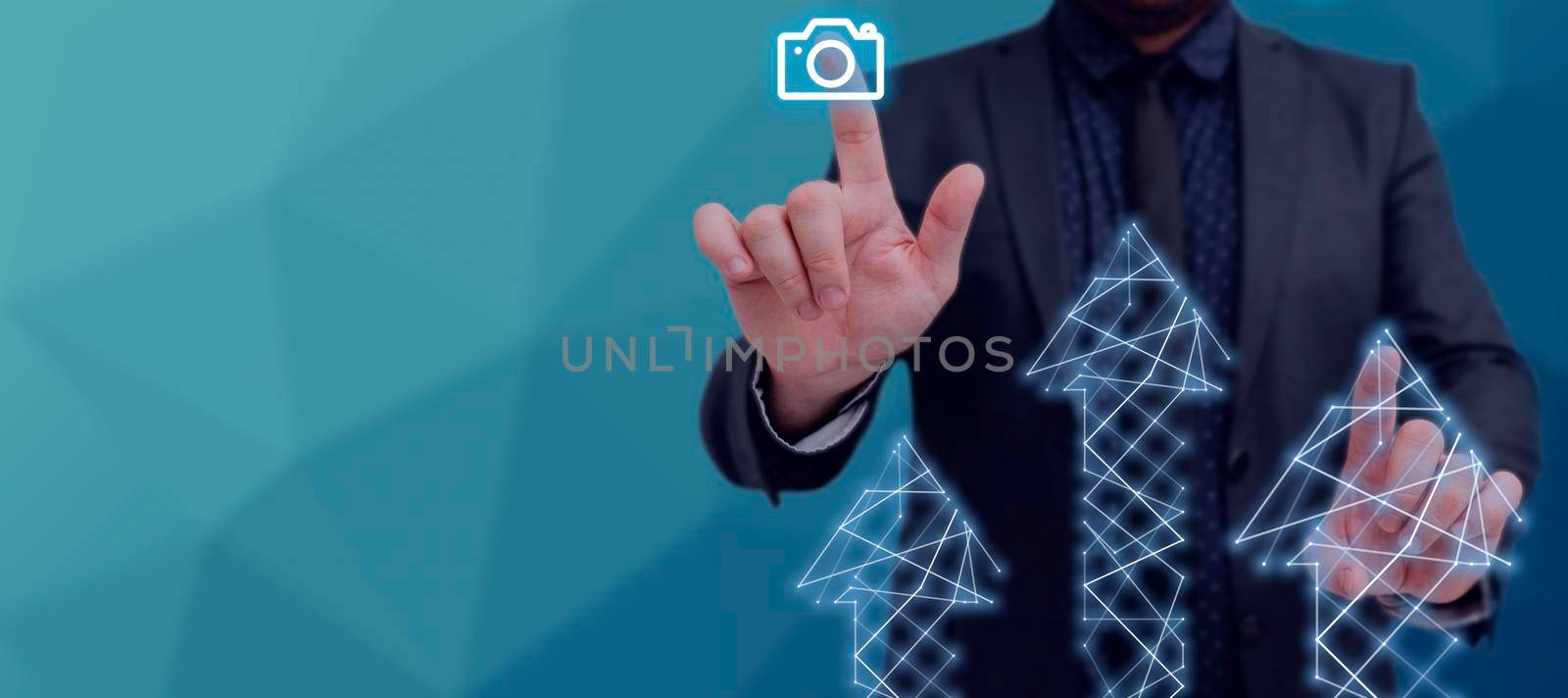 Businessman Pointing With His Hands On Arrows Going Up And A Snapshot Digital With A Futuristic Design. Man In Suit Pressing On Symbols And Presenting Crucial Ideas. by nialowwa