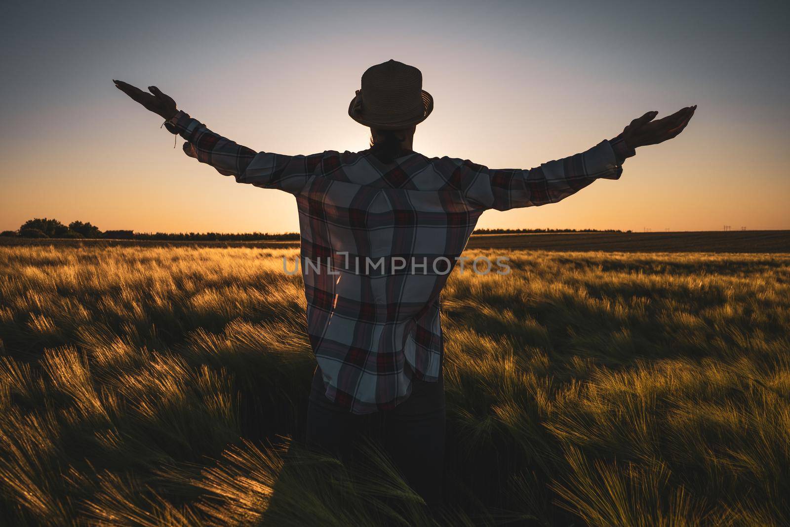 Adult woman is cultivating barley on her land. She is satisfied because of good progress of crops.