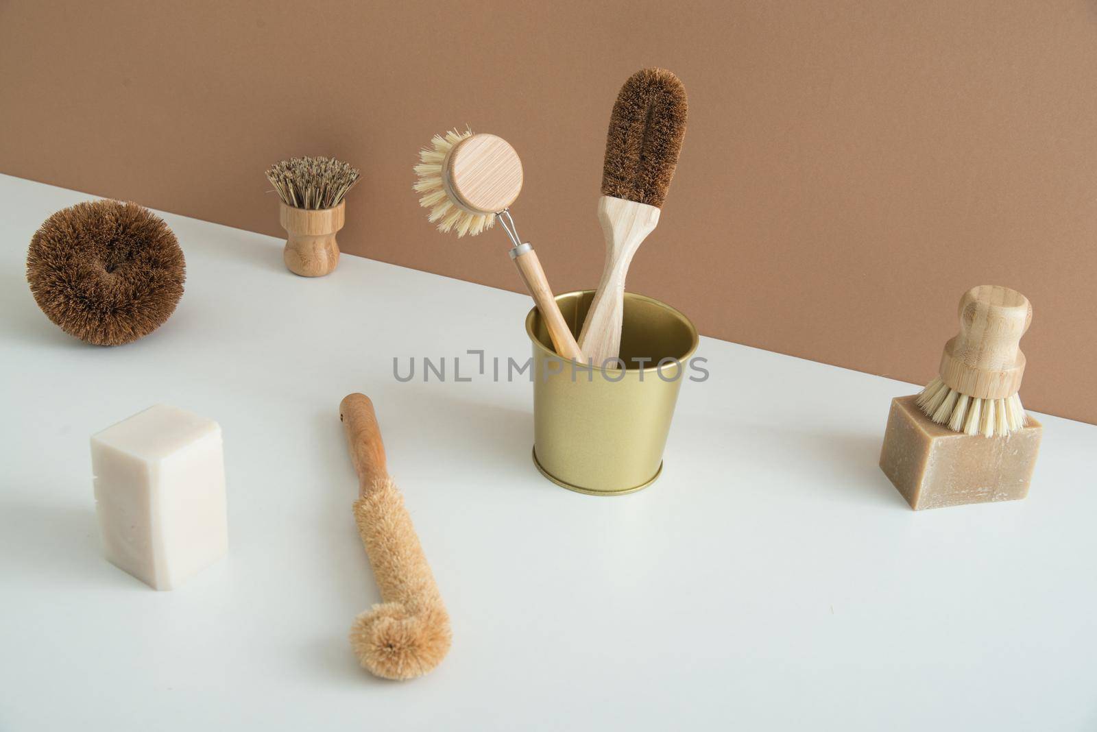 set of zero waste bamboo brushes for dishwashing. High quality photo