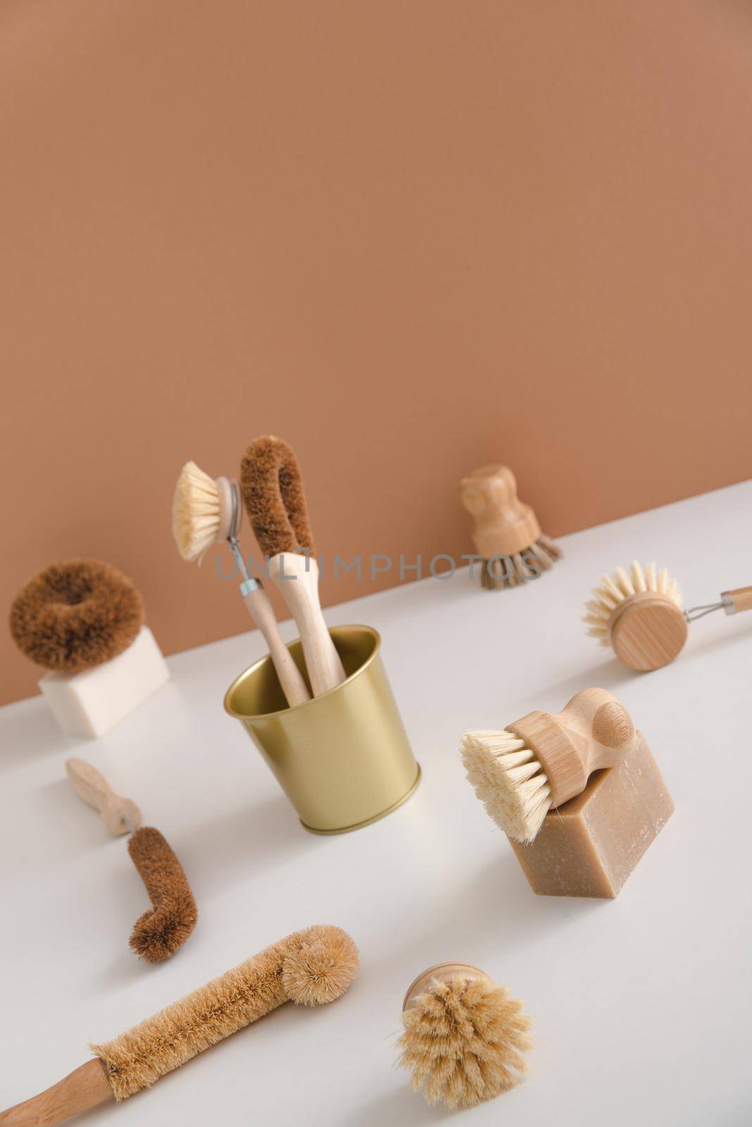 set of zero waste bamboo brushes for dishwashing. High quality photo