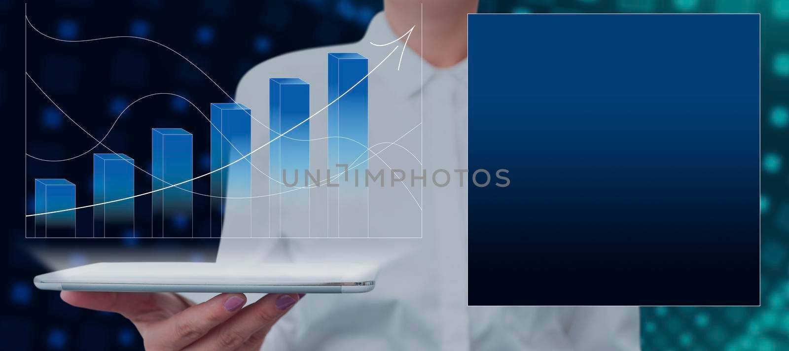Businesswoman Holding Tablet Presenting Digitally Generated Bar Graph And Line Graph With Arrow Moving Up By Blank Box. Woman Showing Data And Ideas For Promotion. by nialowwa