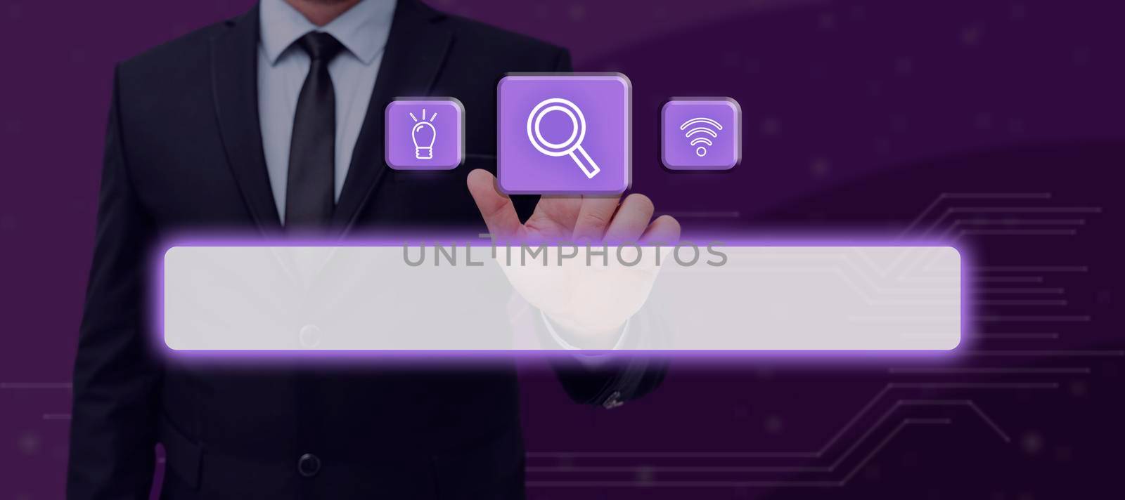 Businessman Pointing A Finger And Displaying A Search Bar With Digital S In A Row Exploring New Information. Man In A Suit Receiving Crucial Data And Messages. by nialowwa